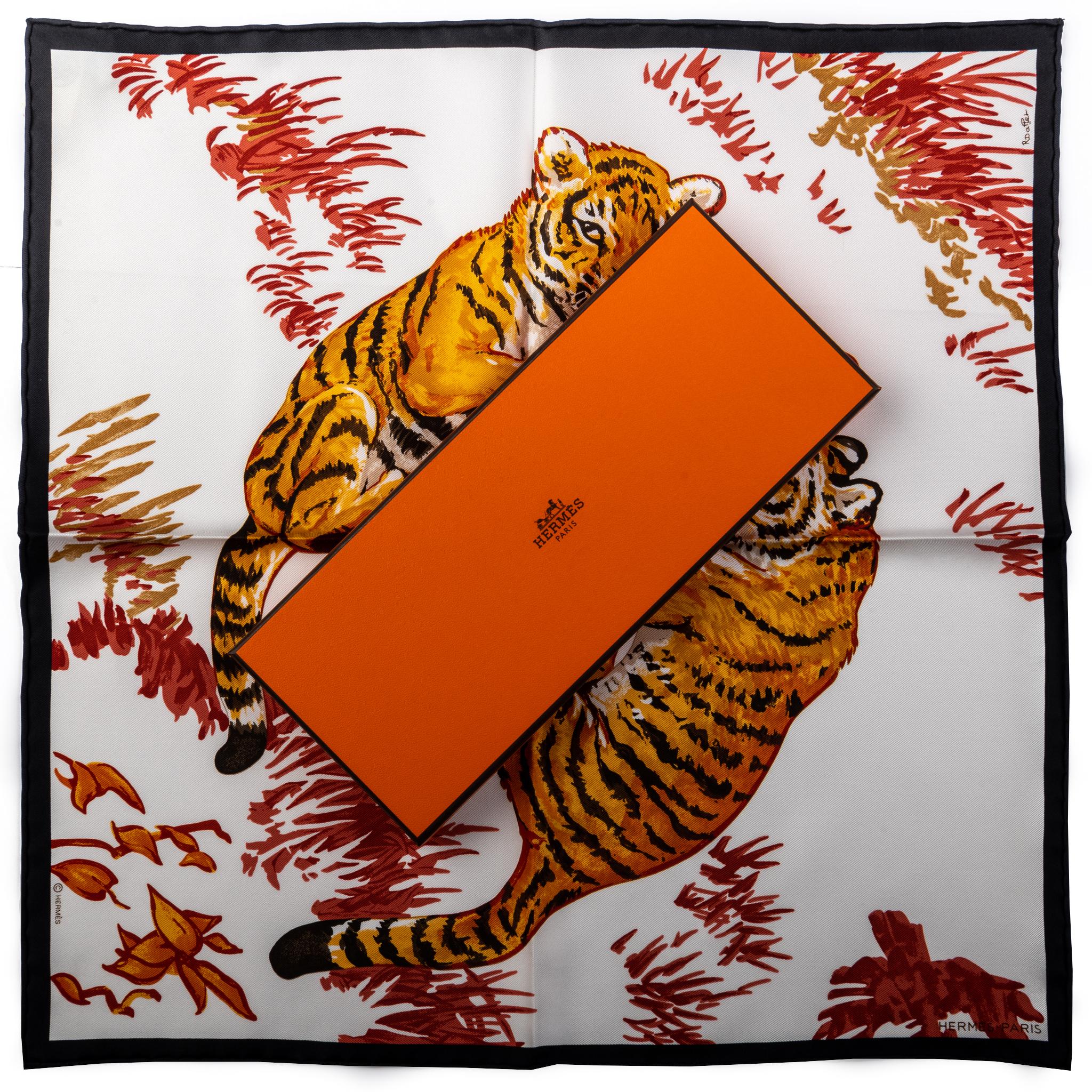 Hermes collectible silk tiger cubs gavroche small scarf in black, white and red. Hand rolled edges. New in box.