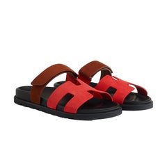 NEW! Hermes Women's Chypre Suede Rouge Cinetique/Gold Sandals - Size 39