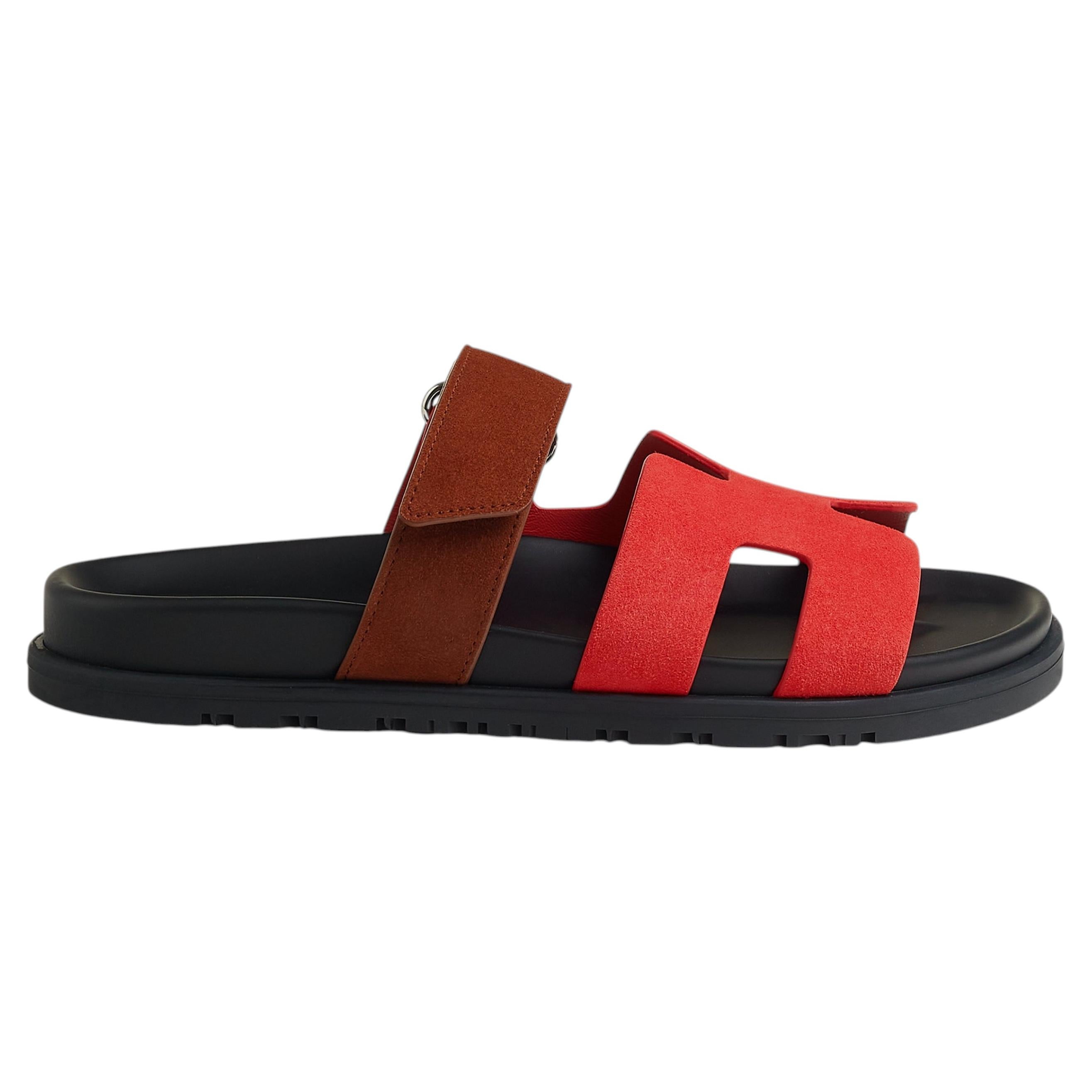 NEW! Hermes Women's Chypre Suede Rouge Cinetique/Gold Sandals - Size 39