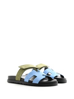 NEW! Hermes Women's Chypre Suede Sandals Bleu Cameo/Vert Slippers - Size 37.5
