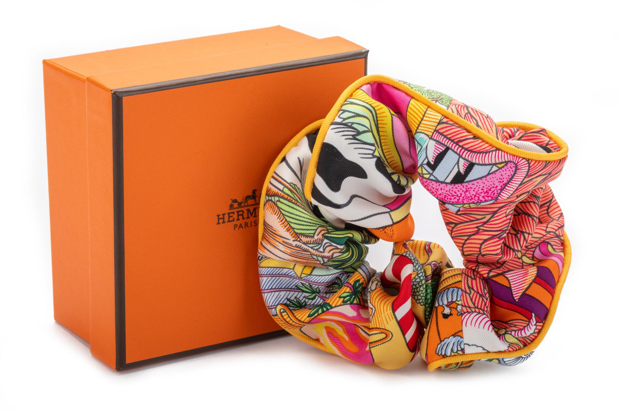 New Hermes Yellow Orange Silk Hair Scrunchie in Box