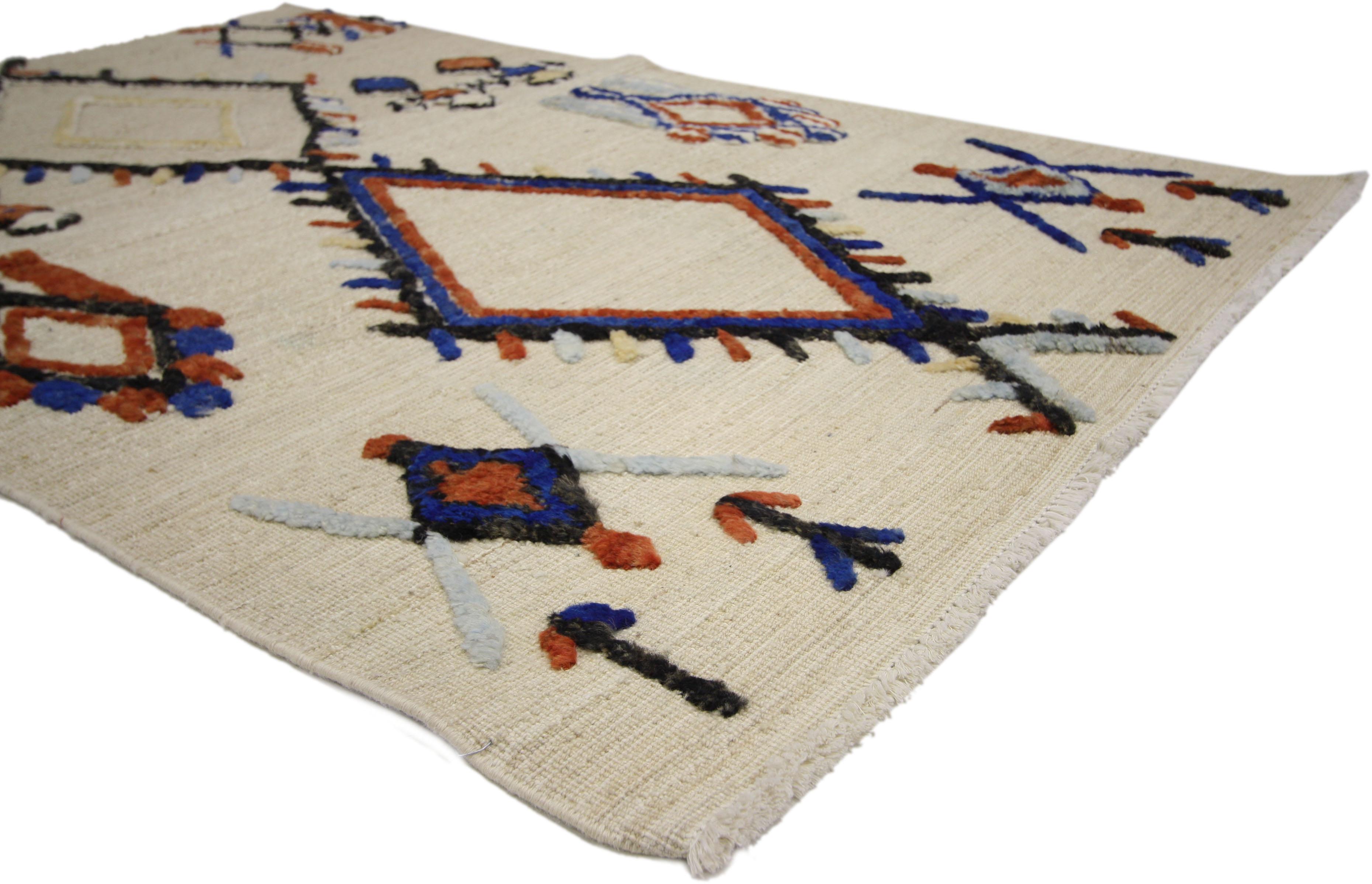 80274 Moroccan style Rug with Tribal style, high and low texture rug. This is a fantastic example of a two-layer high and low texture Moroccan style rug, woven with a clean and simple, yet boho chic composition. Featuring a high and low pile to