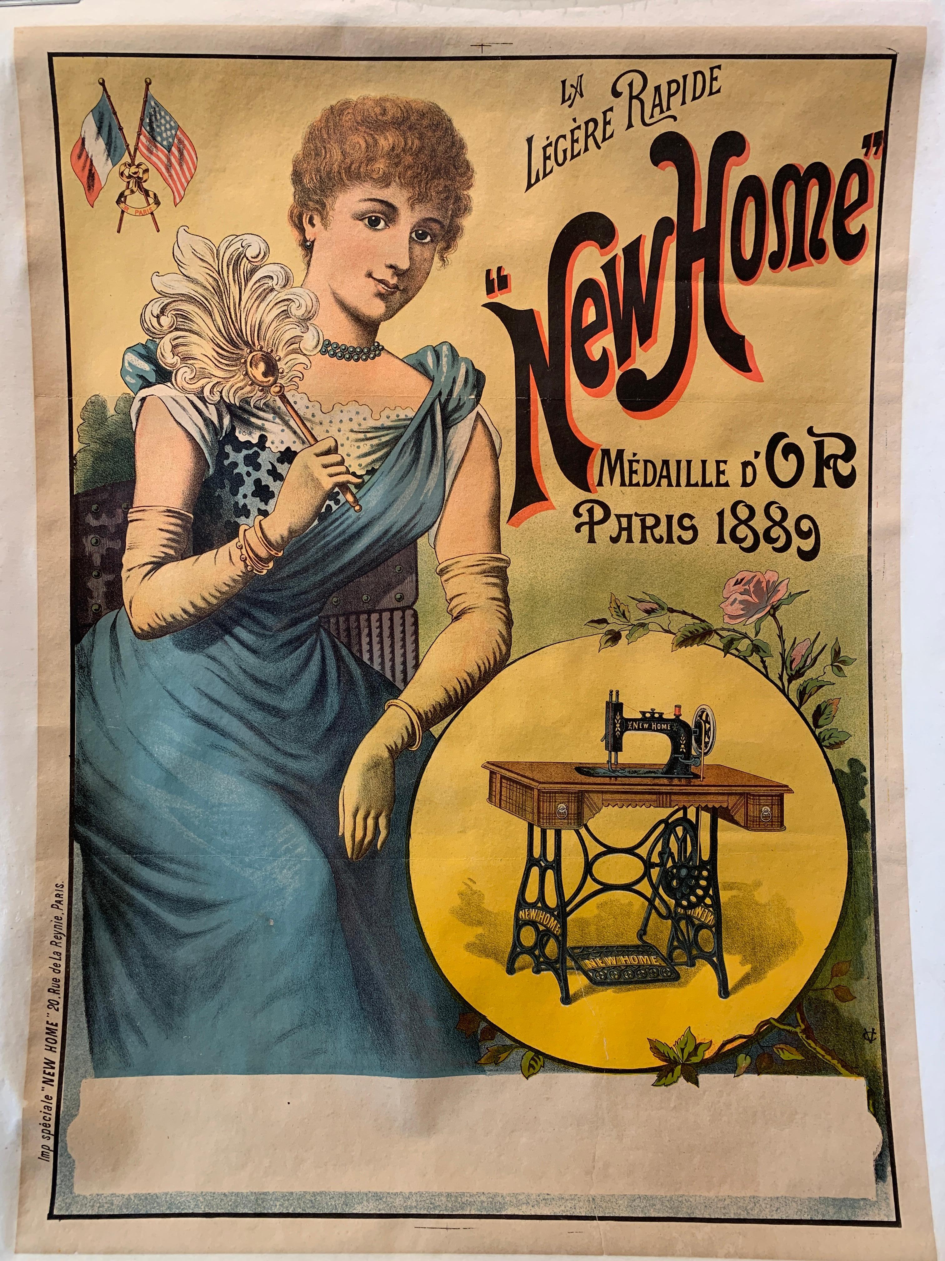 'New Home', Original Antique Early 18th Century Sewing Machine Poster

This is an original poster from 1889, advertising a French brand of sewing machine, 