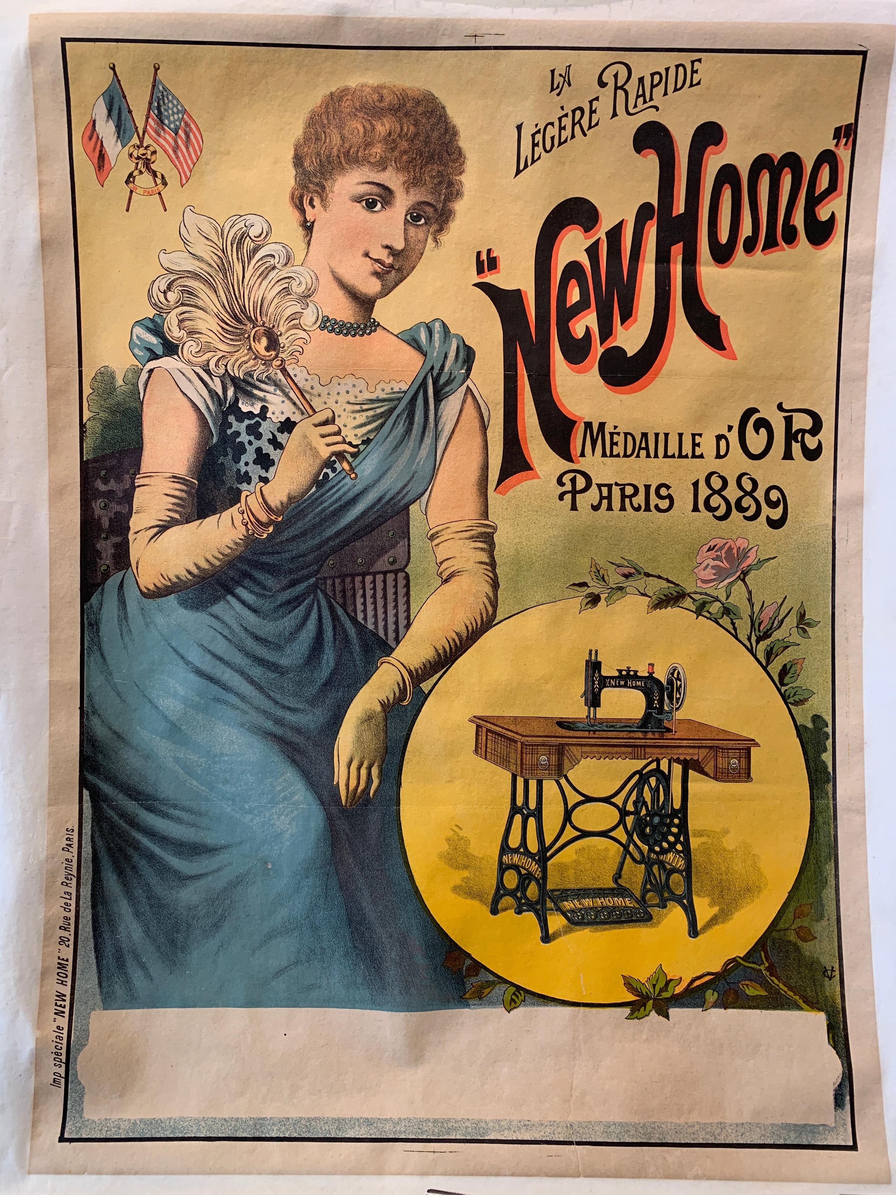 Victorian 'New Home', Original Antique Early 18th Century Sewing Machine Poster For Sale