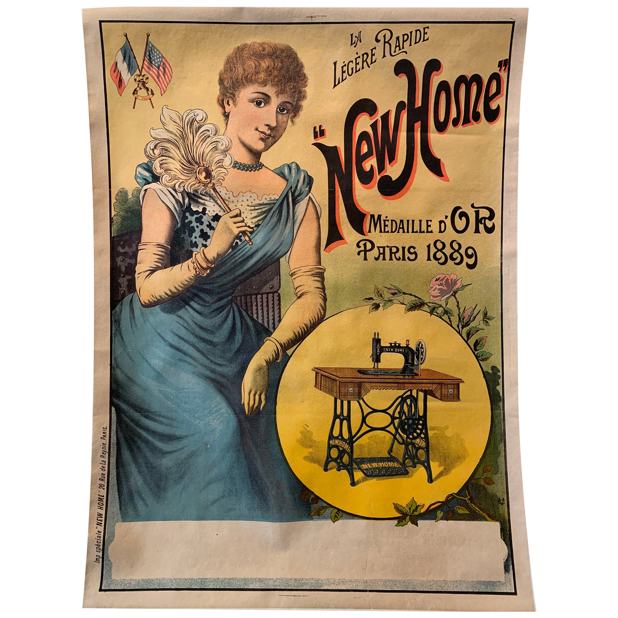 New Home", affiche originale et ancienne du début du 18e siècle sur une machine à coudre en vente