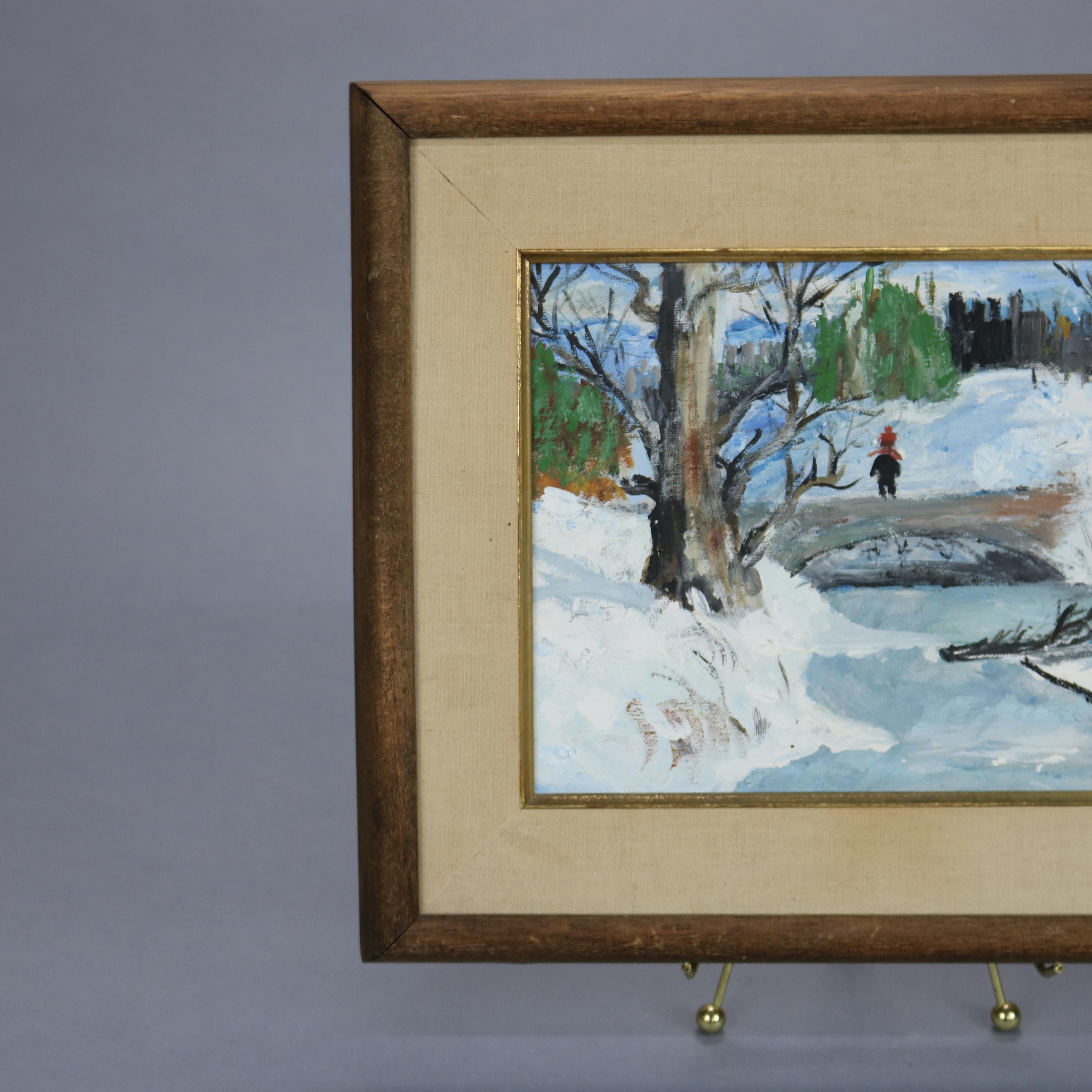 An oil on canvas impressionistic painting, possibly New Hope, depicts winter landscape with figure and city skyline in background, signed lower right Baum, matted and framed, c1940

Measures: 14.25