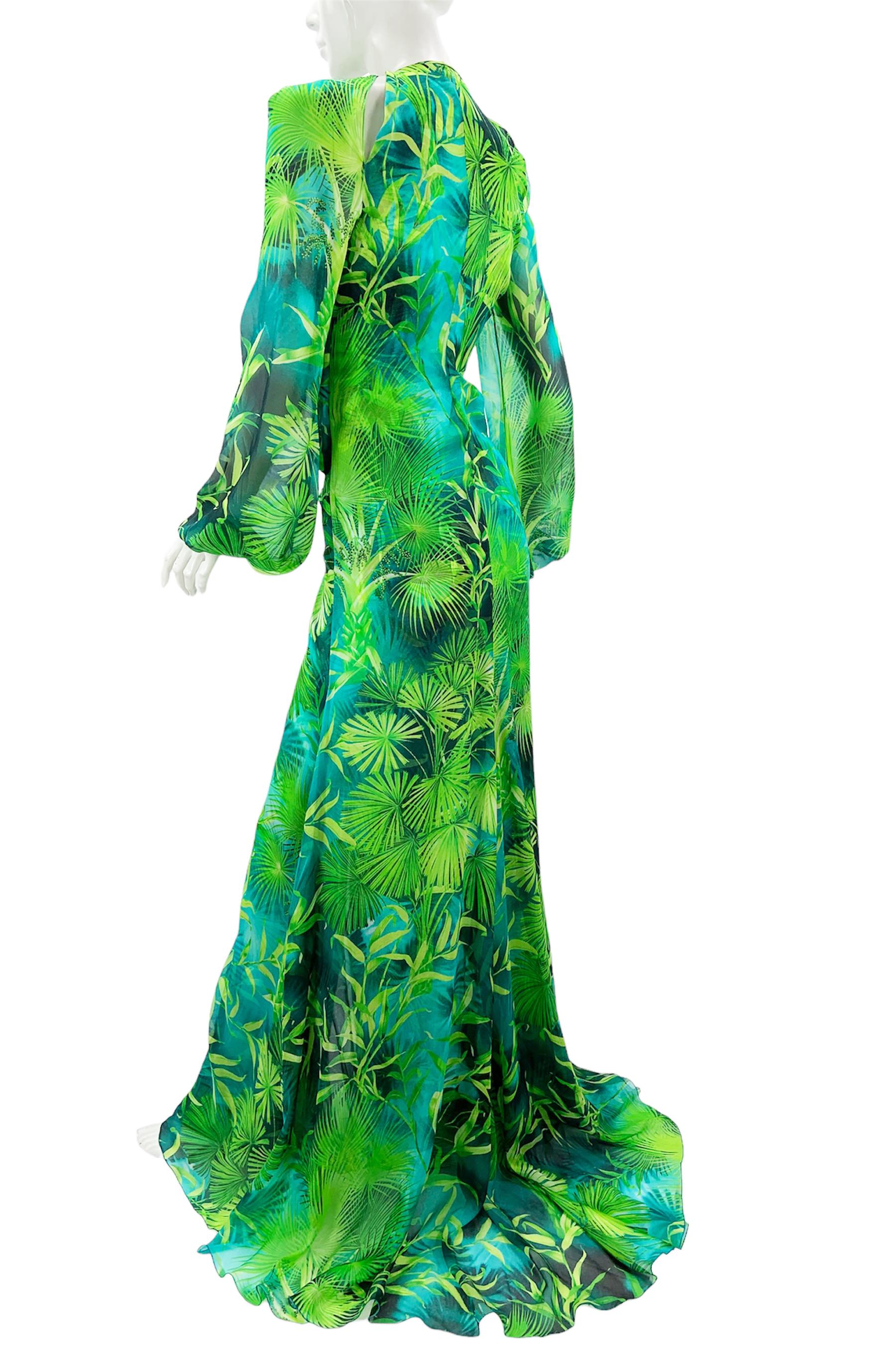 Women's New Iconic Versace Jungle Print Plunge Neck Silk Maxi Dress Italian 38
