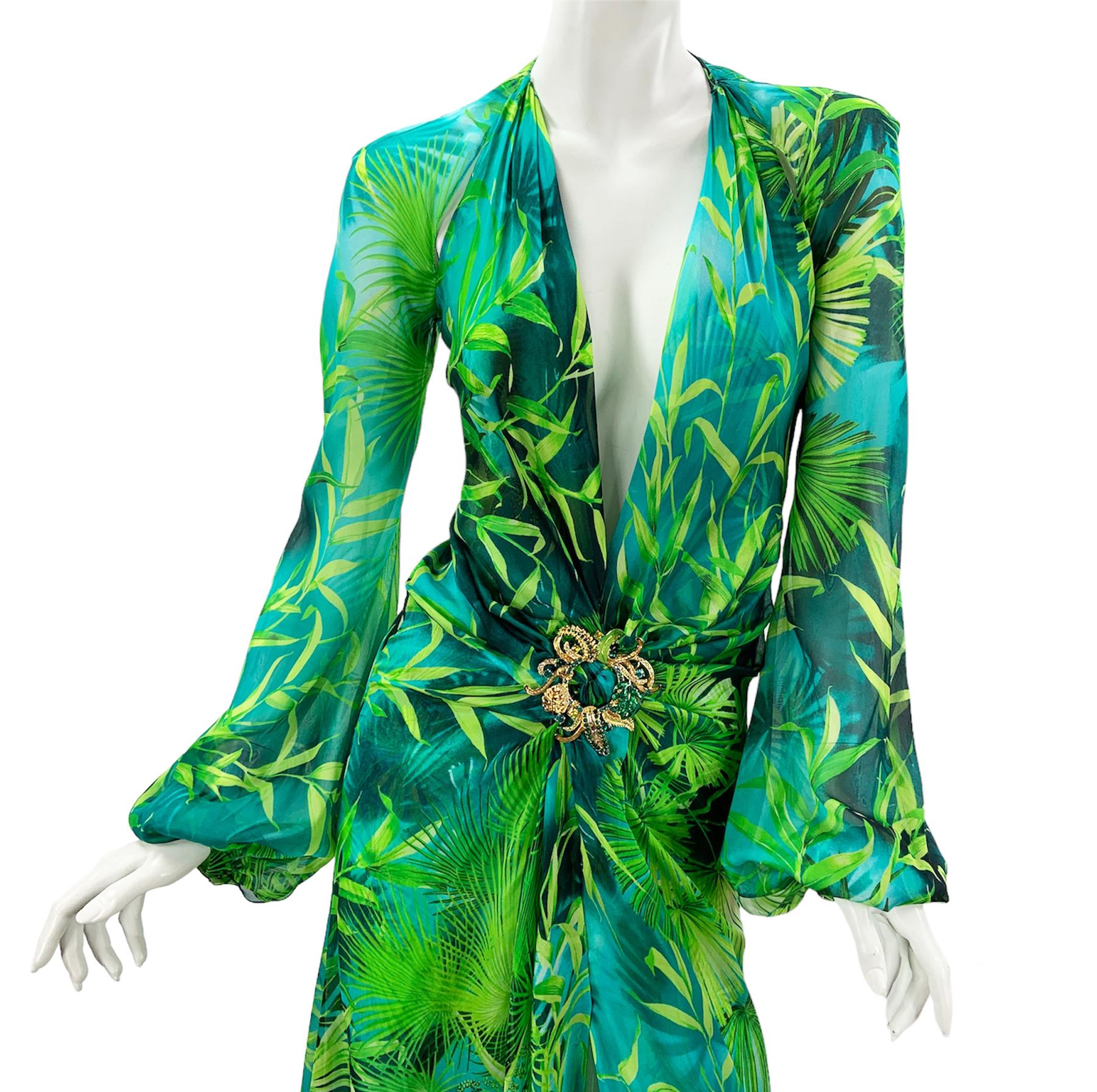 New Iconic Versace Jungle Print Plunge Neck Silk Maxi Dress Italian 38 2