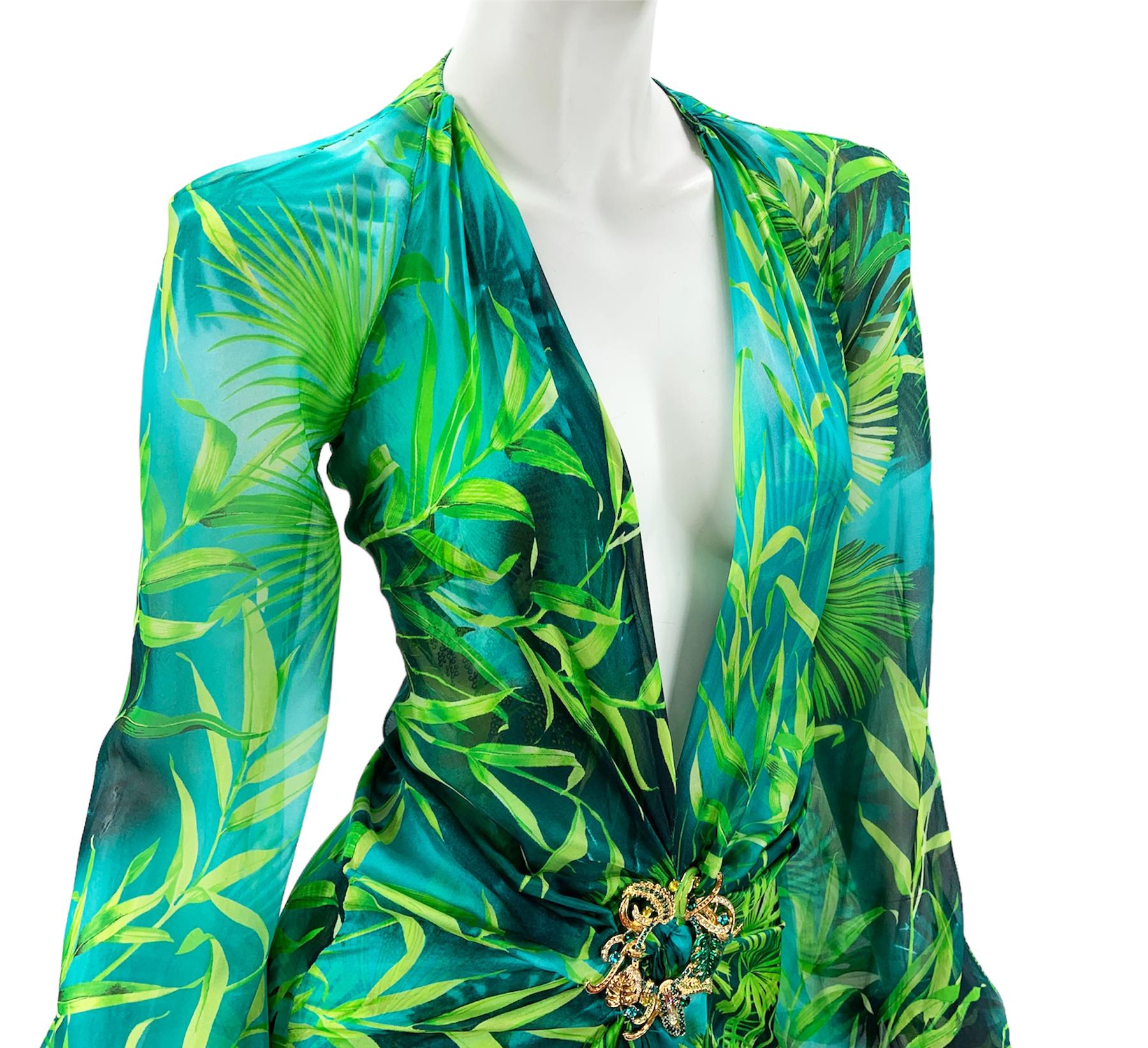 New Iconic Versace Jungle Print Plunge Neck Silk Maxi Dress Italian 38 3