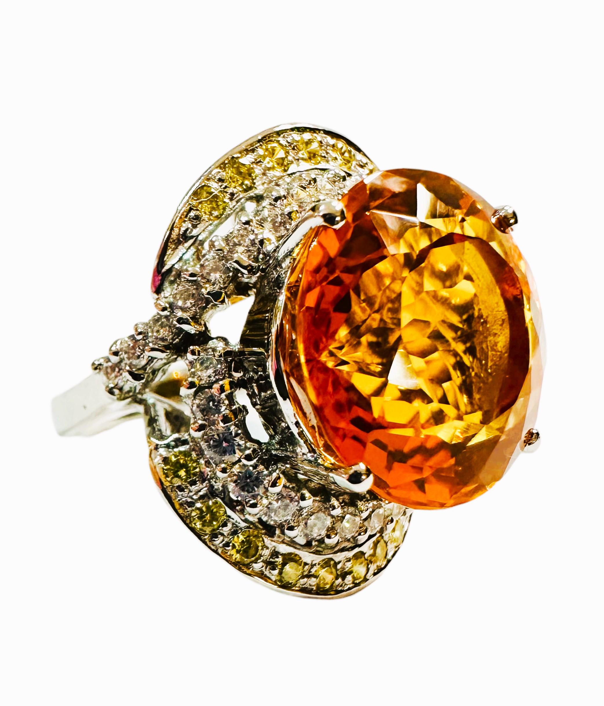 New 14 Carat Orange Citrine & Diamond Cut Yellow Sapphire Sterling Ring In Good Condition In Eagan, MN