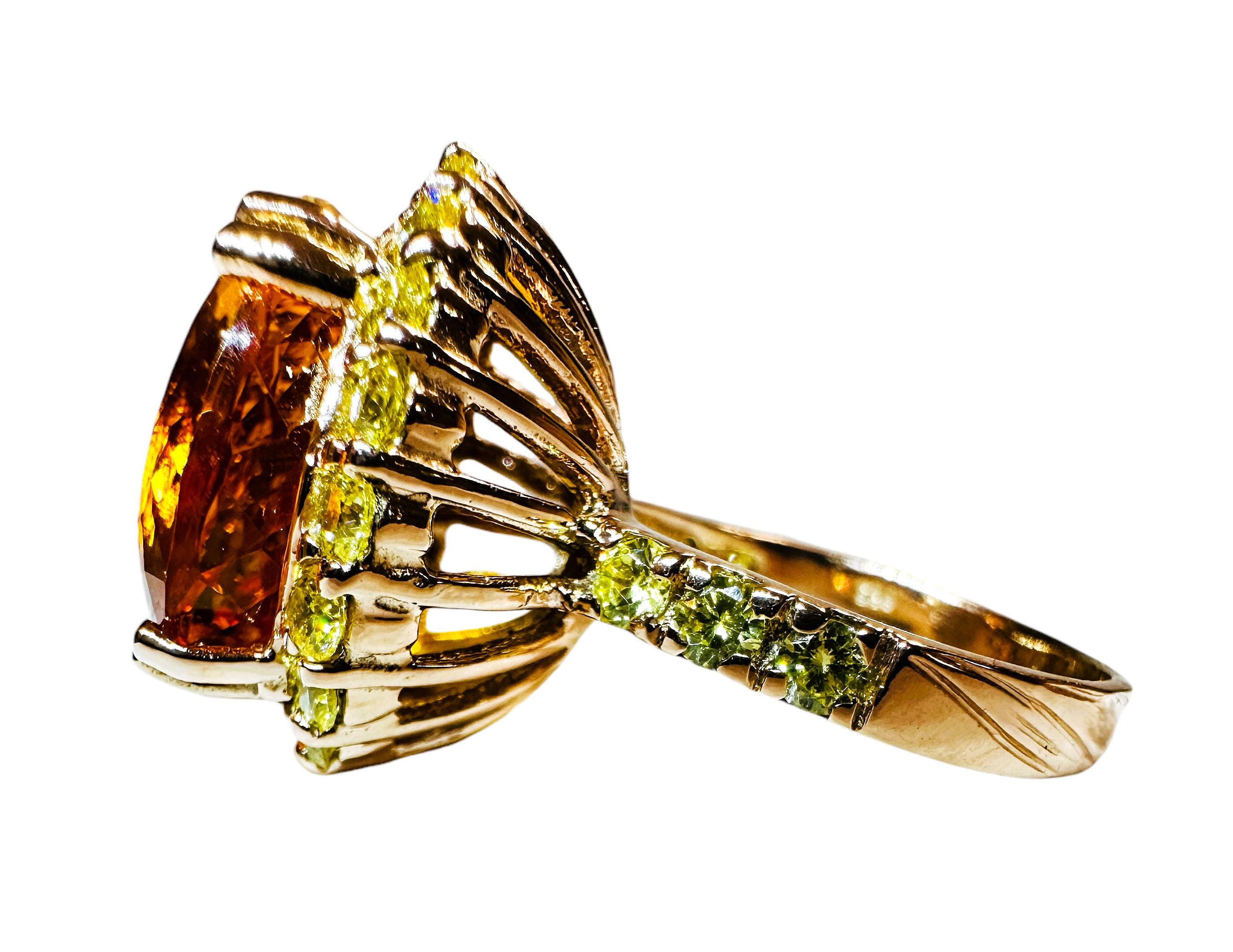 What a beautiful ring!  The ring is a size 7.  The stone is from Brazil.  A very high quality stone.   It is a fancy oval cut stone and is 14.7 Cts.   The main stone is 16.7 x 15.2 mm.  It is surrounded by Diamond Cut Yellow Sapphires and they also