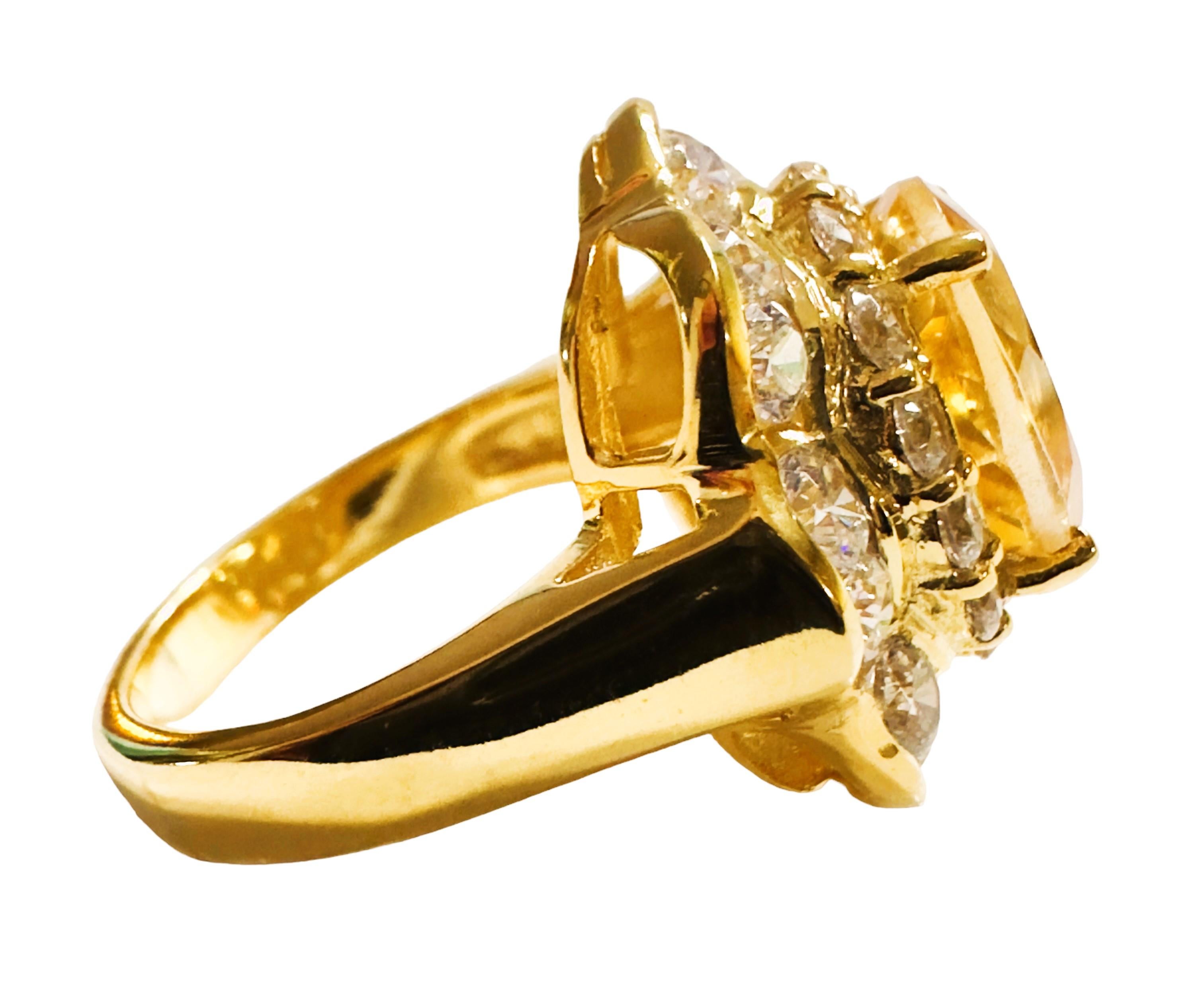 Art Deco New IF Brazilian 3.40 Ct Yellow Citrine & Sapphire YGold Plated Sterling Ring