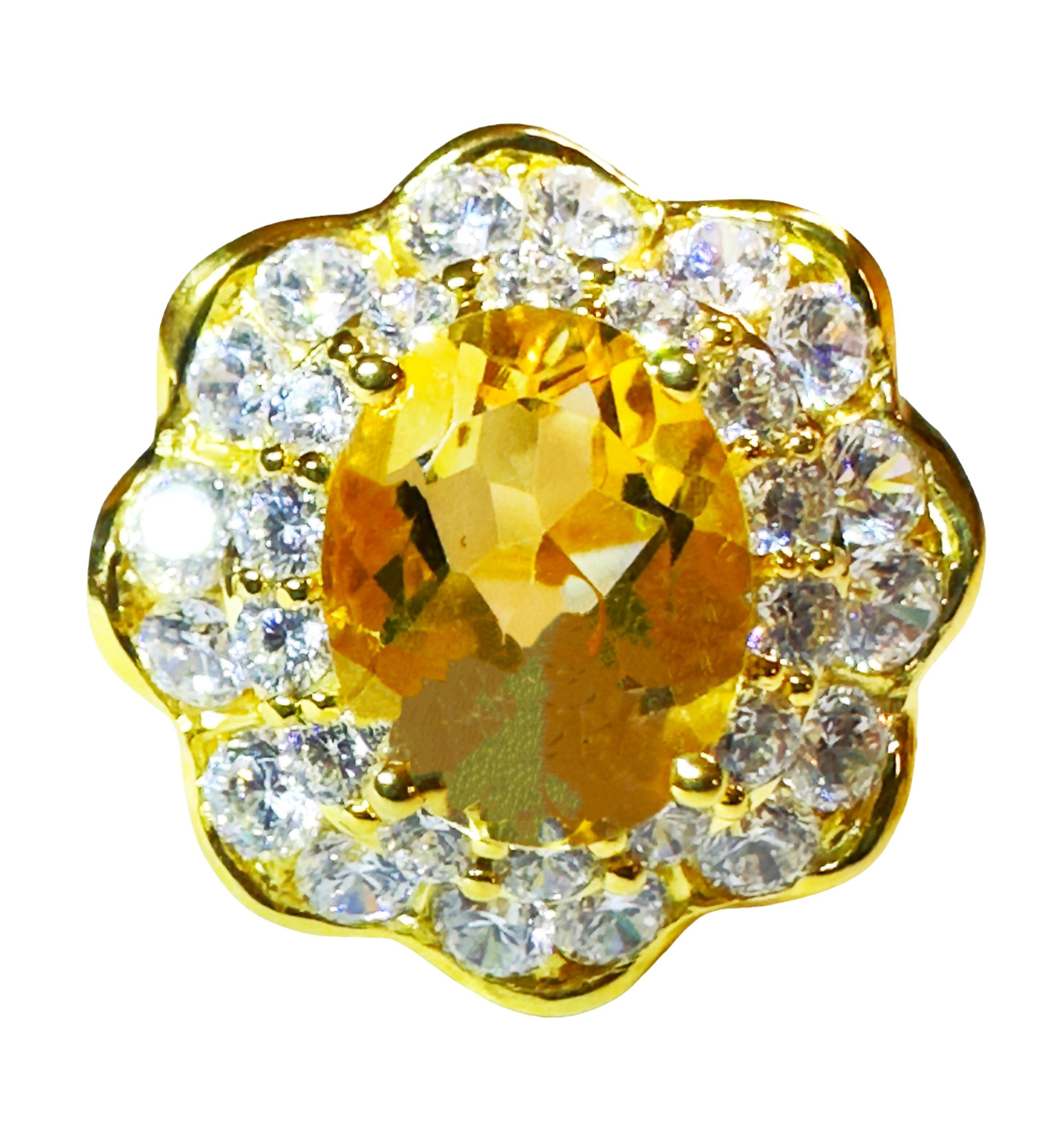Oval Cut New IF Brazilian 3.40 Ct Yellow Citrine & Sapphire YGold Plated Sterling Ring