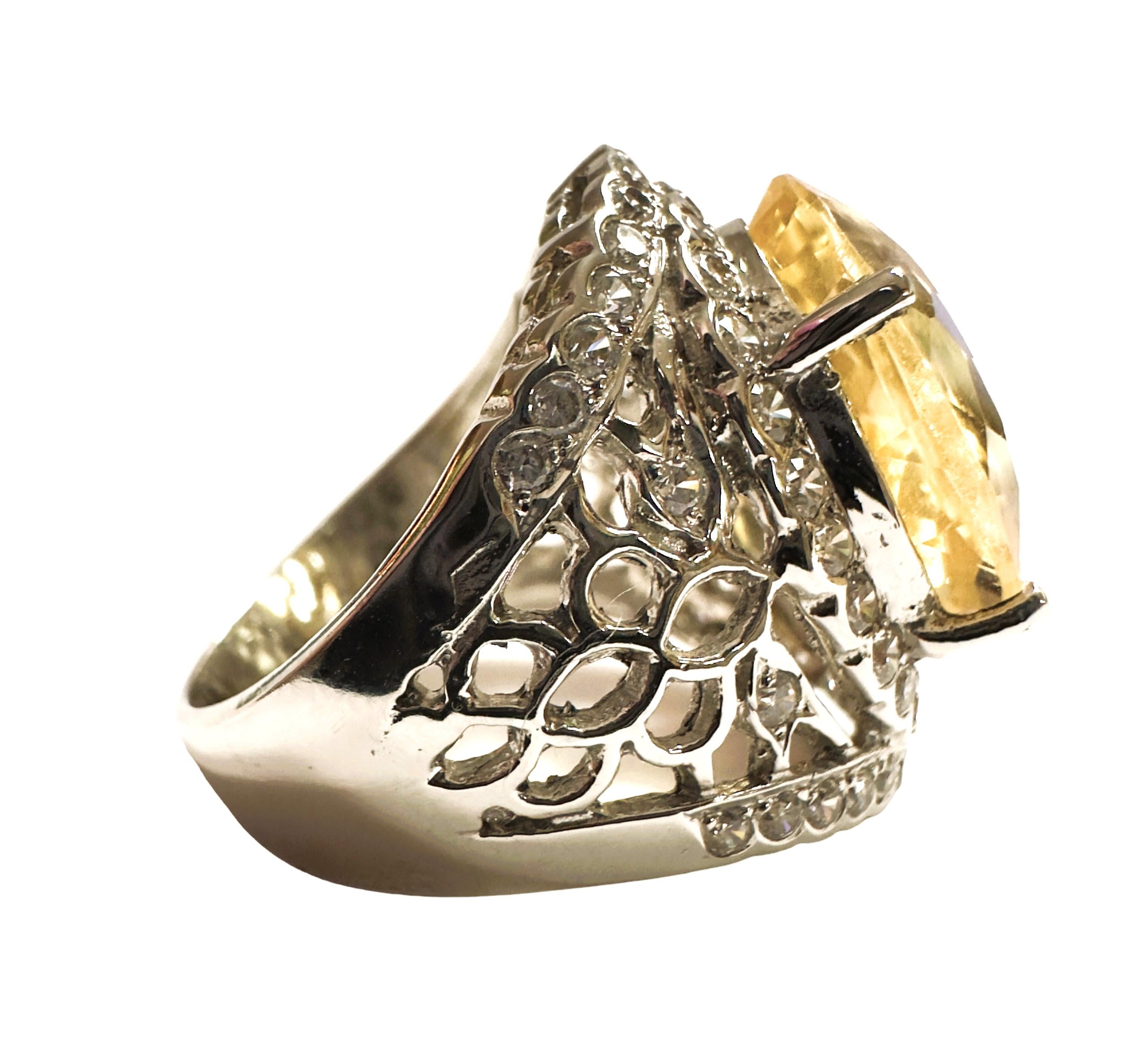 Art Deco New IF Brazilian 9.30 Ct Yellow Citrine & Sapphire Sterling Ring