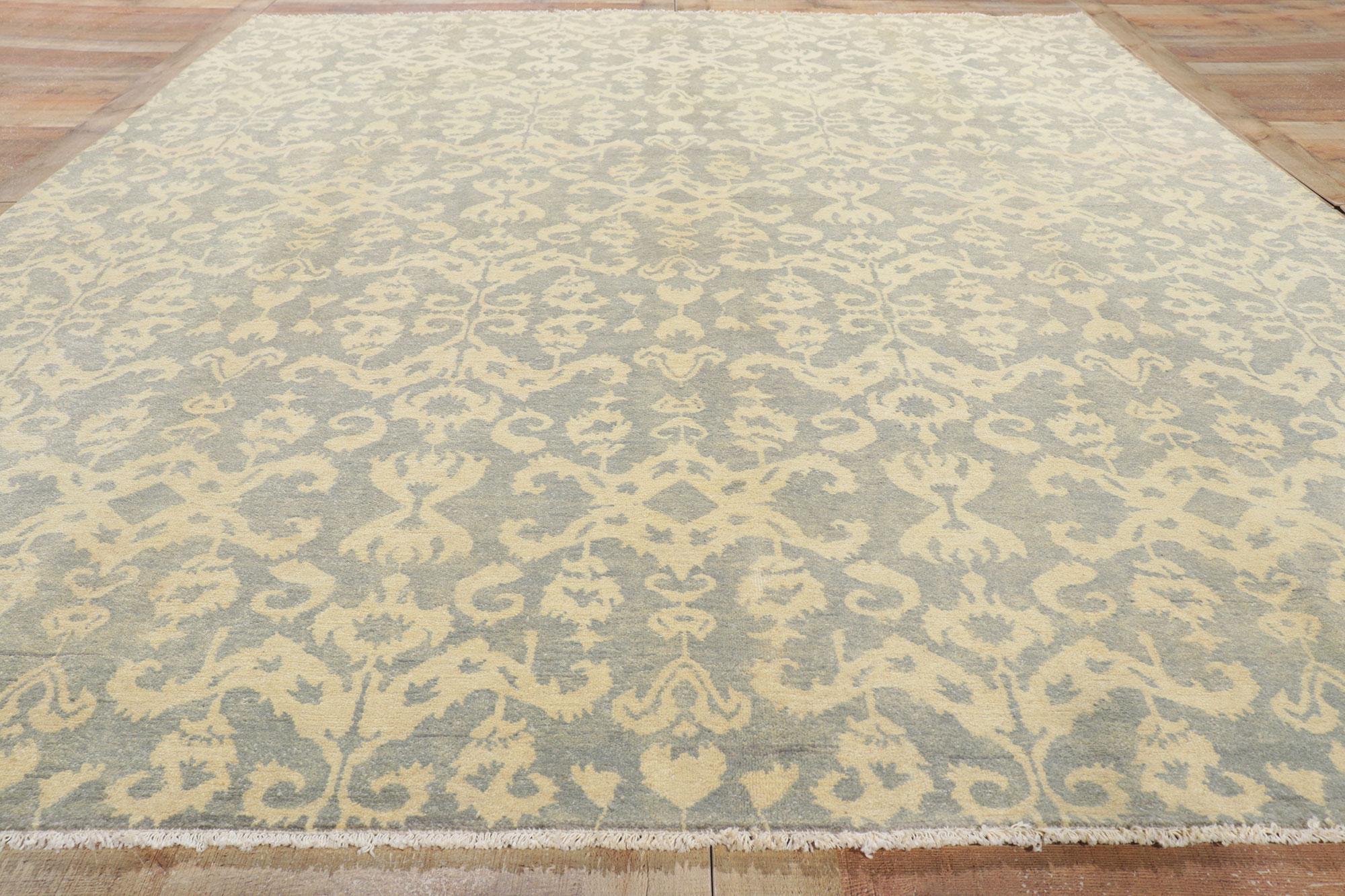 Hand-Knotted Transitional Ikat Area Rug, Timeless Appeal Meets Classic Elegance For Sale