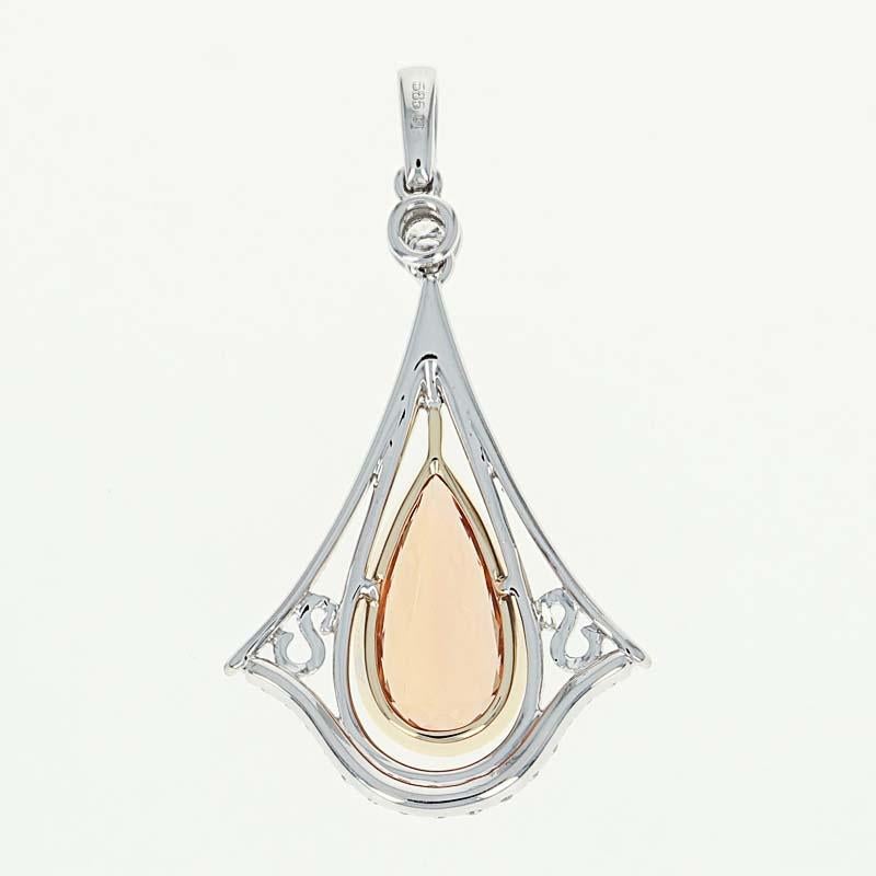 Round Cut Imperial Topaz and Diamond Drop Pendant, 14 Karat White Gold Milgrain 2.65 Carat