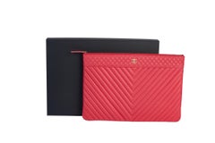 New in Box Chanel Coral Caviar Chevron Clutch Bag