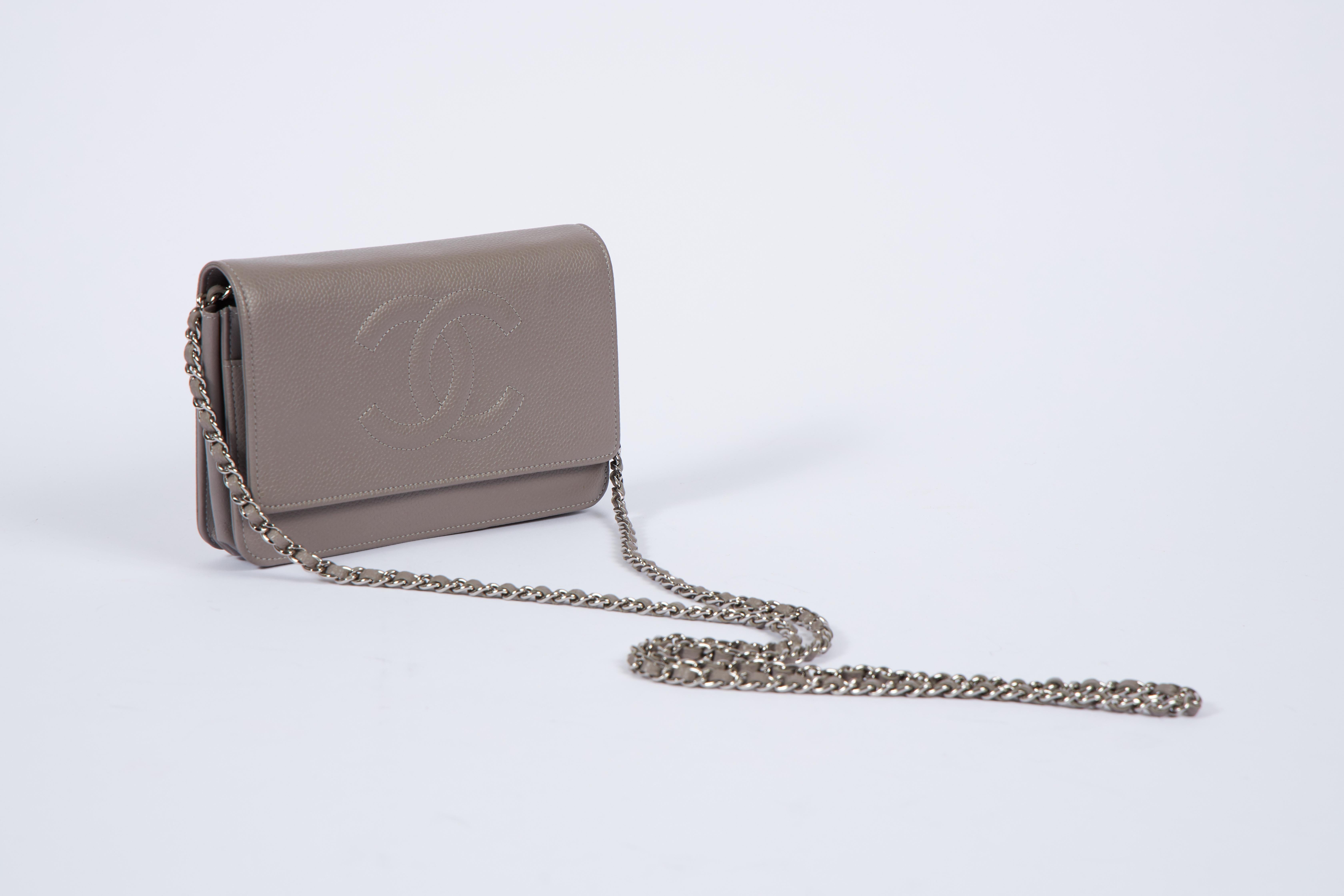 Chanel etoupe caviar bib wallet on a chain cross body. Comes with hologram, ID card, dust cover and box.