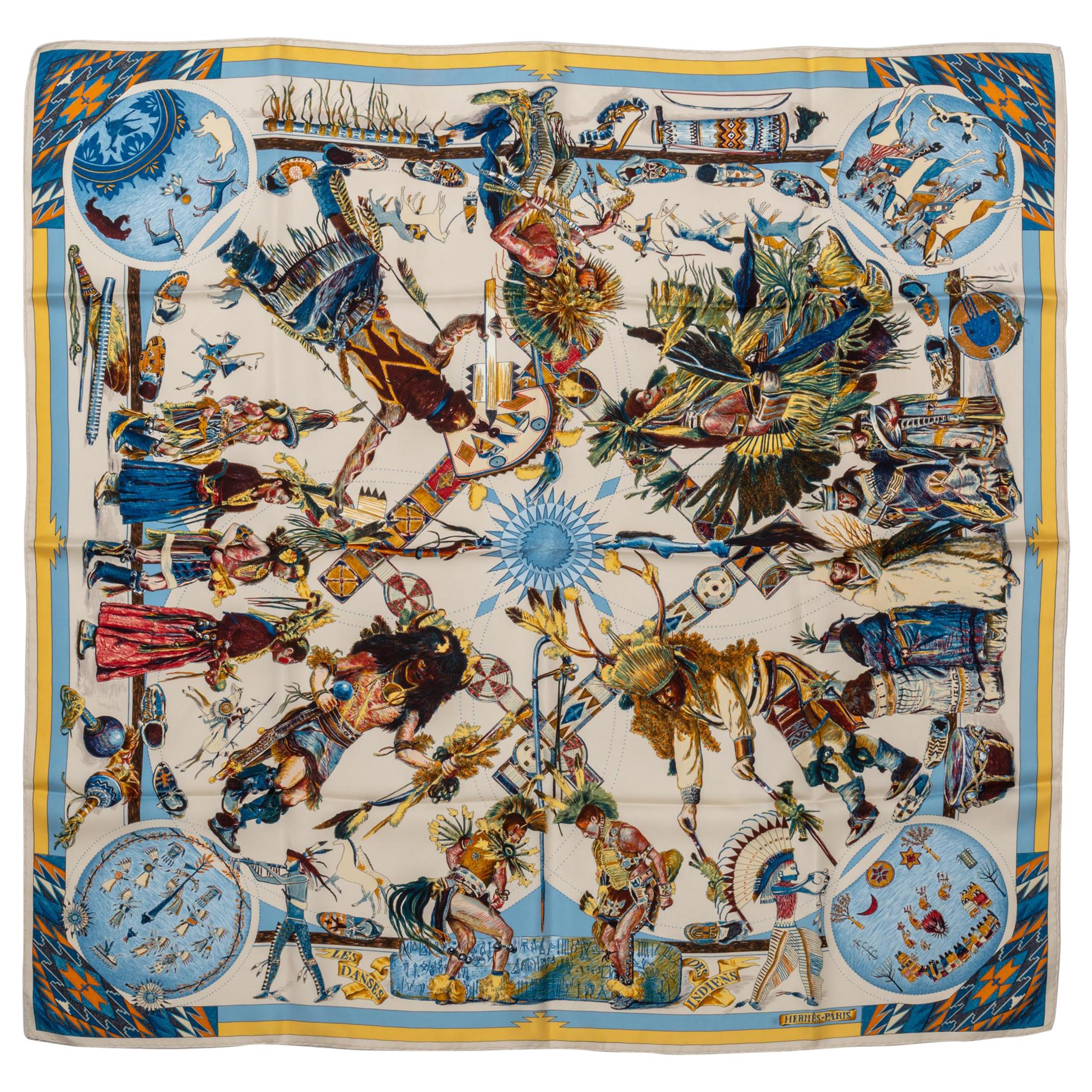 New In Box Collectible Hermes Les Danses Des Indiennes Scarf by Kermit Oliver