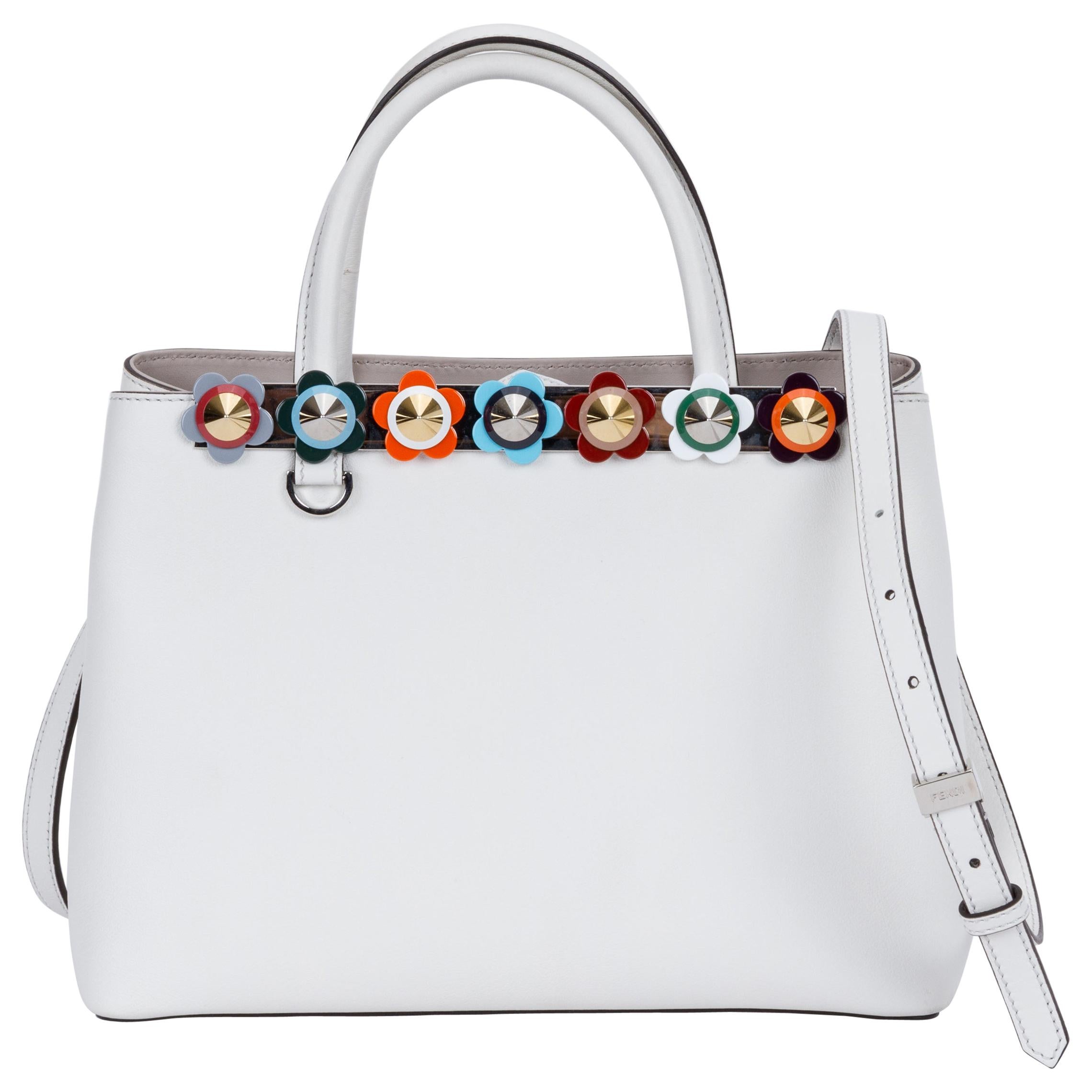 New in Box Fendi White Leather Handbag with Colored Flowers For Sale