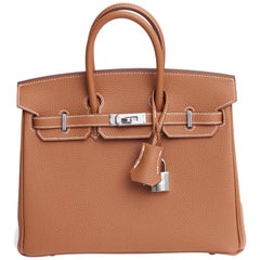 New in Box  Hermes Birkin 25 Togo Gold/Palladio Bag