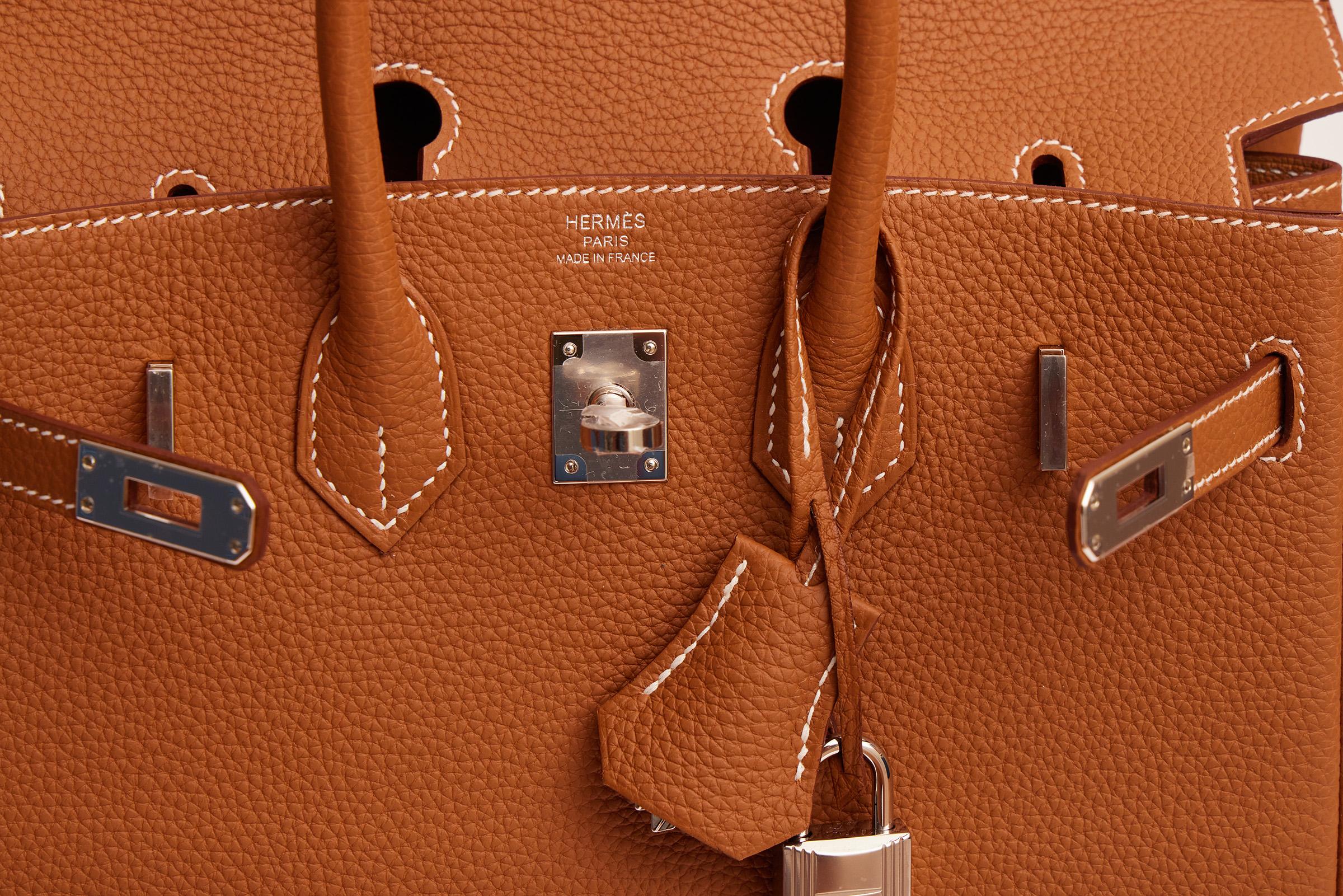 Brown New in Box  Hermes Birkin 25 Togo Gold/Palladium Bag For Sale
