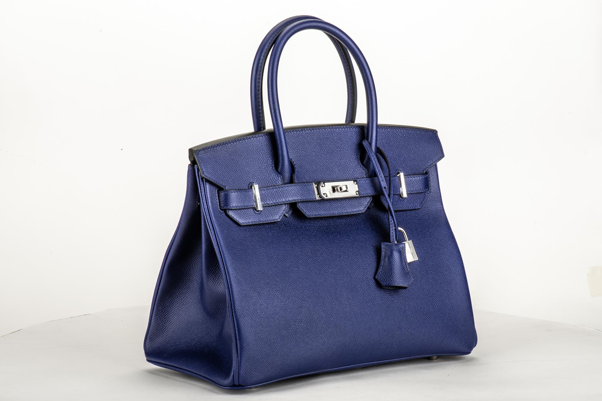 Hermès 30cm Birkin in blue encre epsom leather with palladium hardware. Handle drop, 3.75