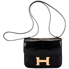 New in Box Hermes Blue Nuit Constance 18 Croc Bag