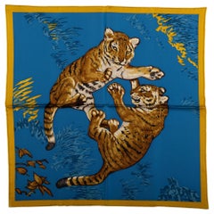 New in Box Hermès Blue Tiger Cubs Silk Gavroche Scarf