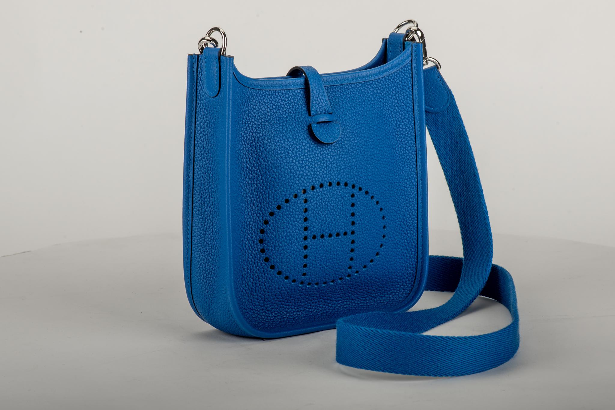 Hermès mini Evelyne shoulder bag in blue zellige clemence leather with  palladium hardware. Never used. Dated 