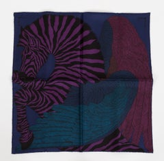 New in Box Hermès Dark Blue Silk Pouchette Zebra Scarf