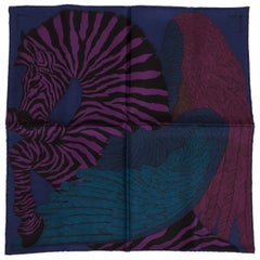 New in Box Hermès Dark Blue Silk Pouchette Zebra Scarf