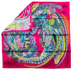 New in Box Hermes Fuchsia Feathers Silk Scarf