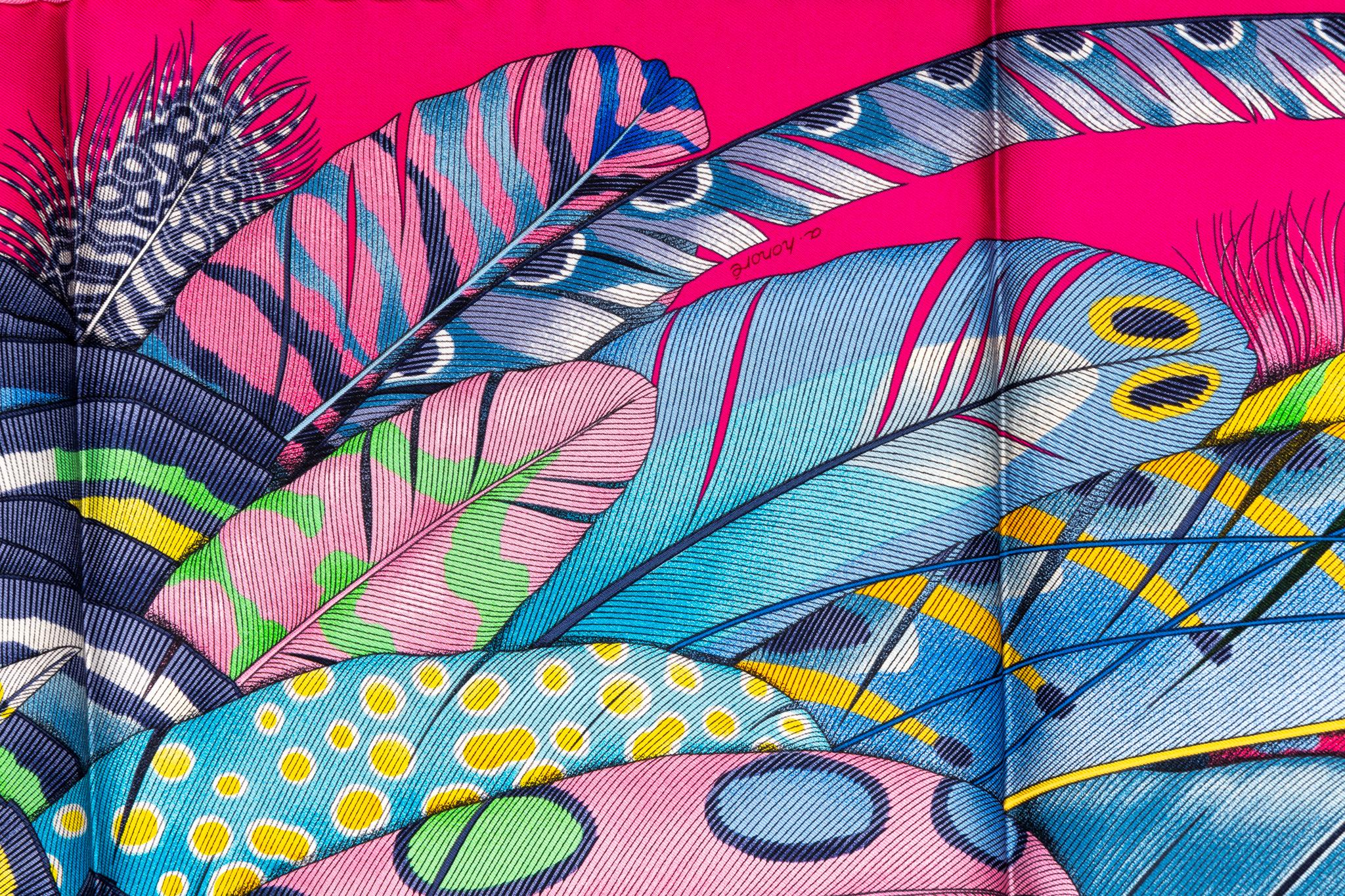 Women's New in Box Hermes Fuchsia Feathers Silk Scarf