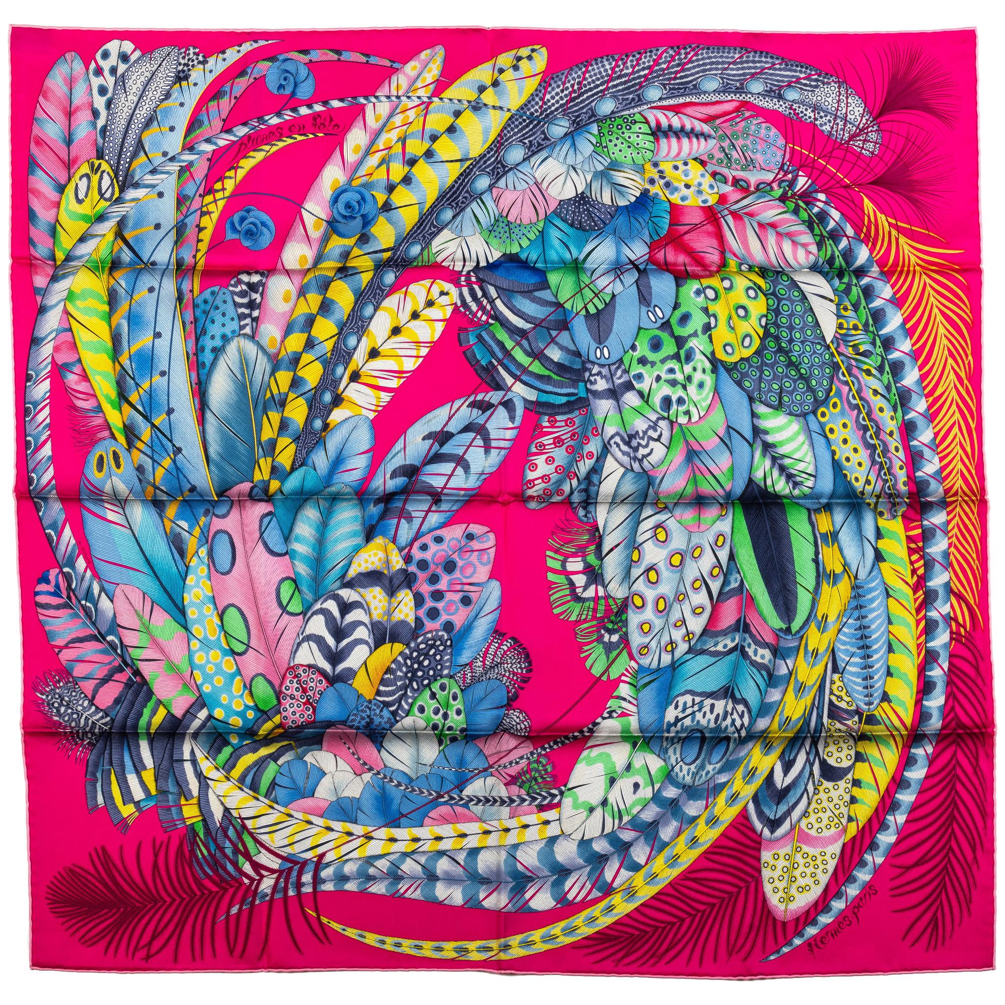 New in Box Hermes Fuchsia Feathers Silk Scarf