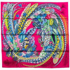 New in Box Hermes Fuchsia Feathers Silk Scarf