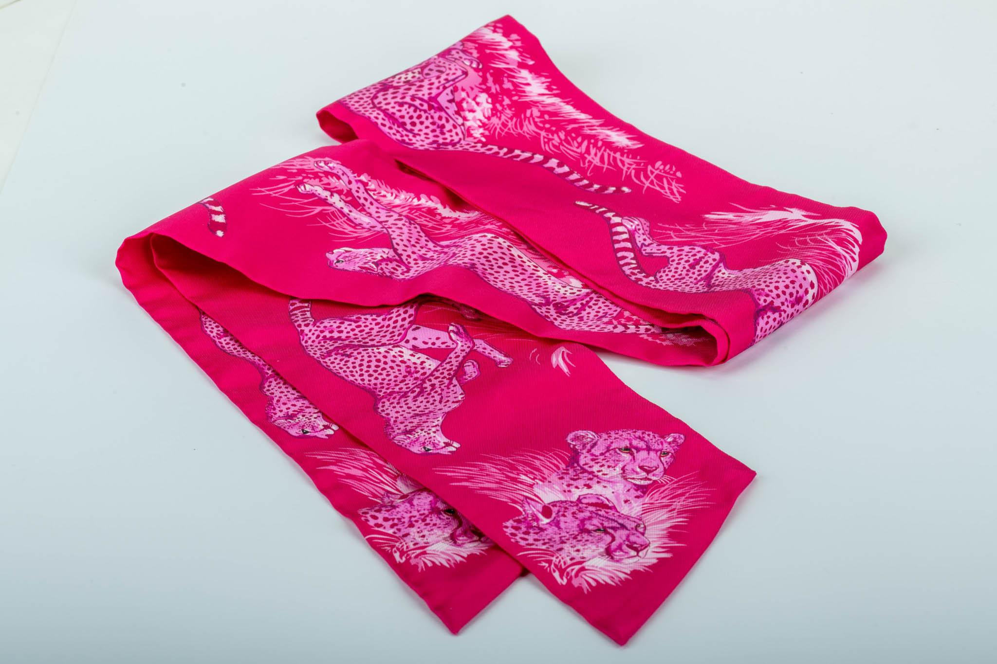 Red New in Box Hermes Guepards Fuchsia Thin Maxi Twilly Scarf For Sale