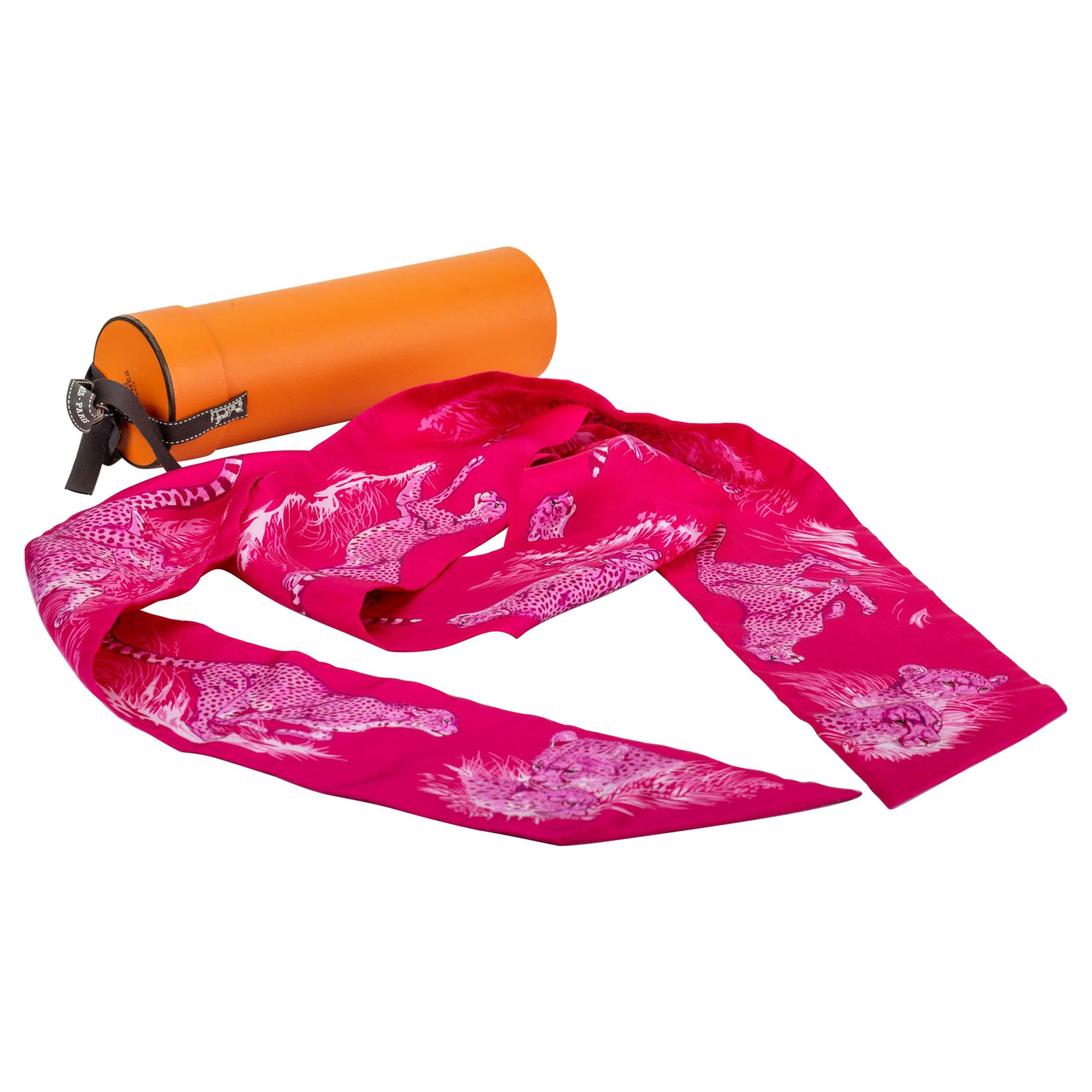 New in Box Hermes Guepards Fuchsia Thin Maxi Twilly Scarf For Sale