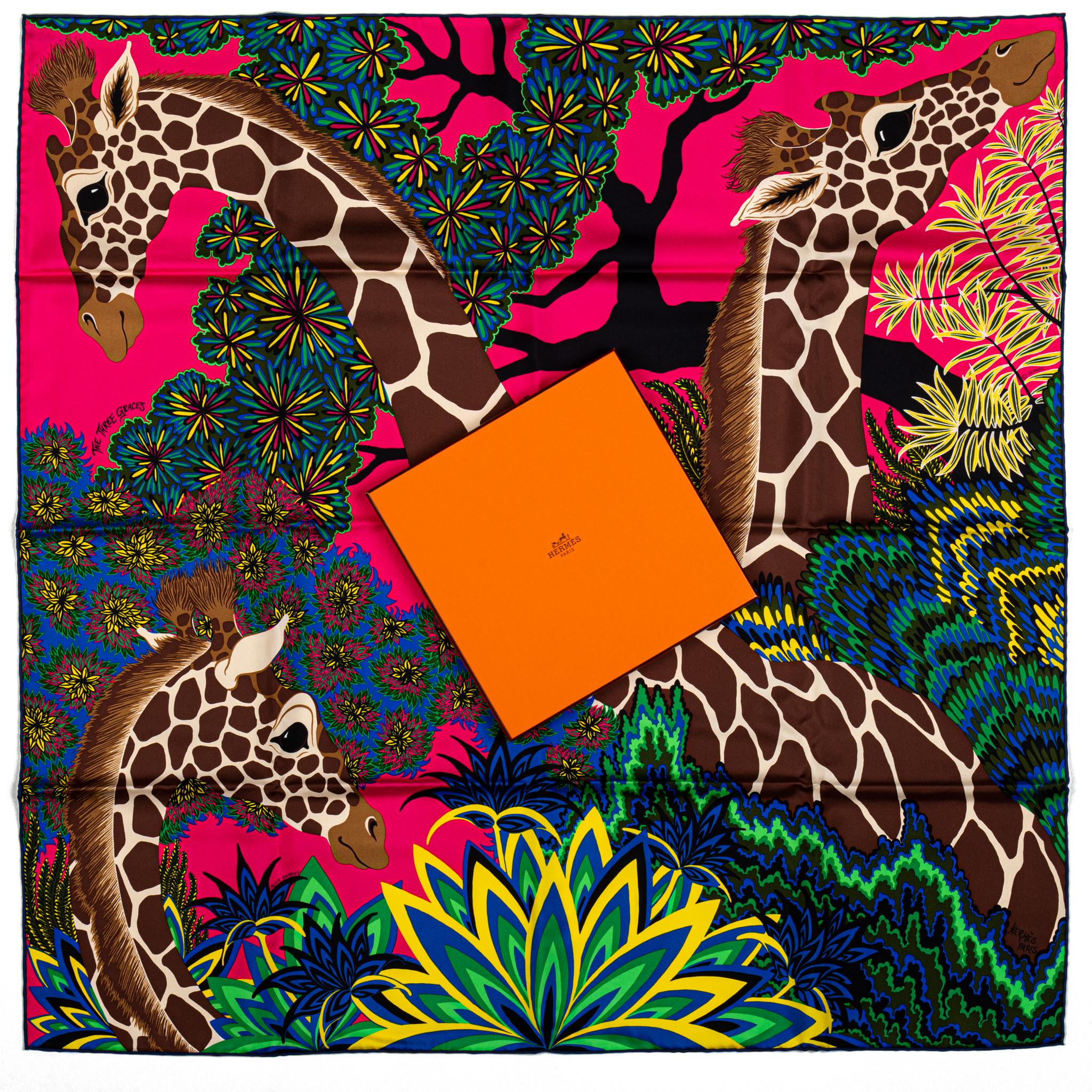 Hermès hot pink and green giraffe silk scarf. Hand-rolled edges. New in box.