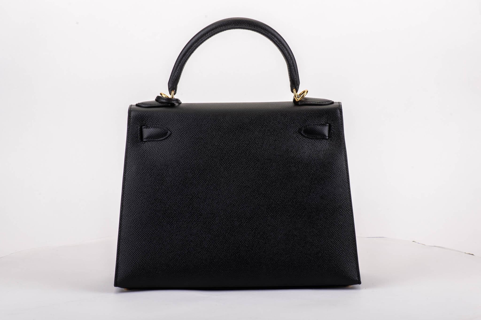 Women's New in Box Hermes Kelly 28 cm Black Epsom Gold Bag