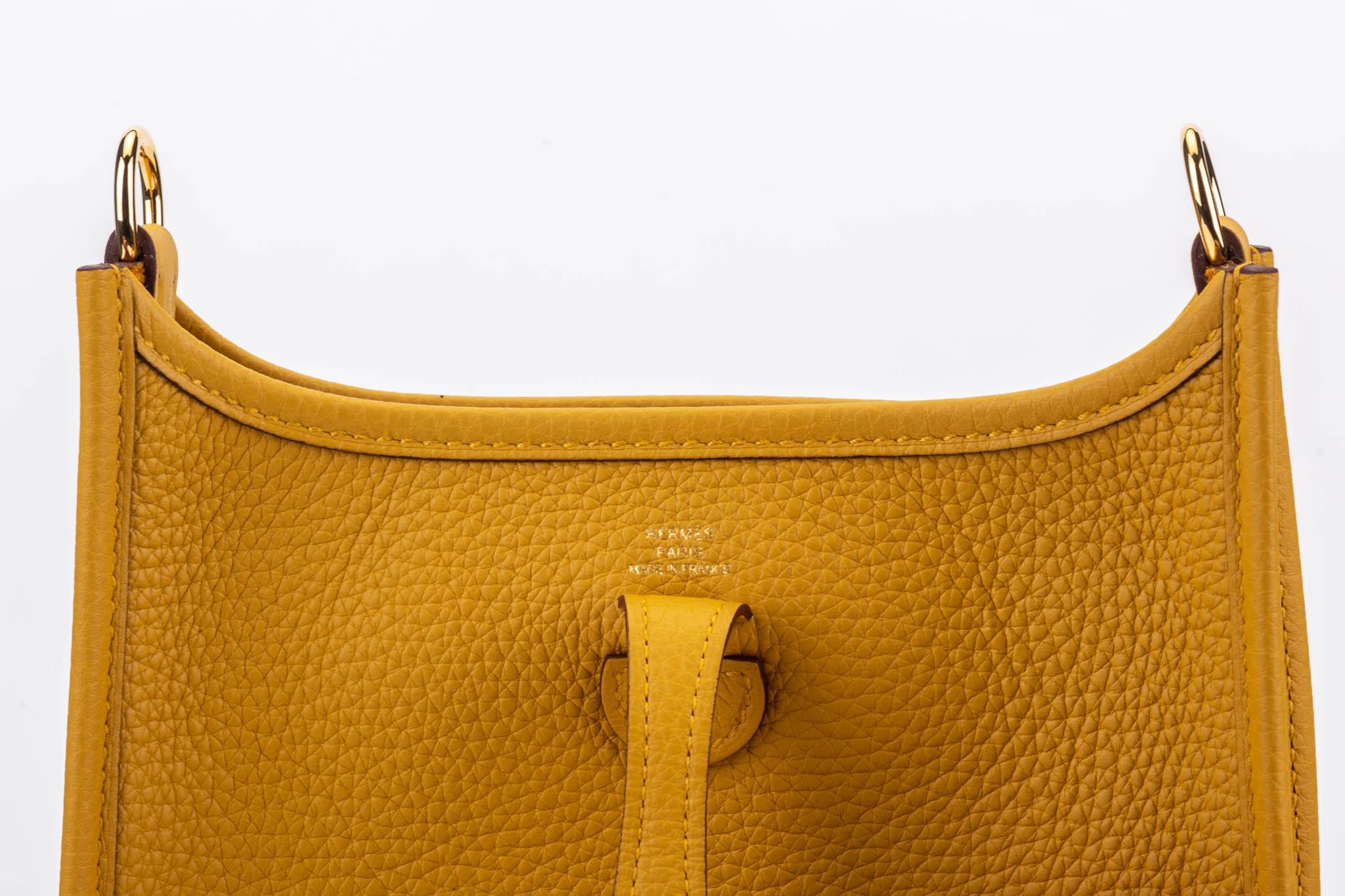 Women's New in Box Hermes Mini Evelyne Jaune Ambre & Gold Crossbody Bag