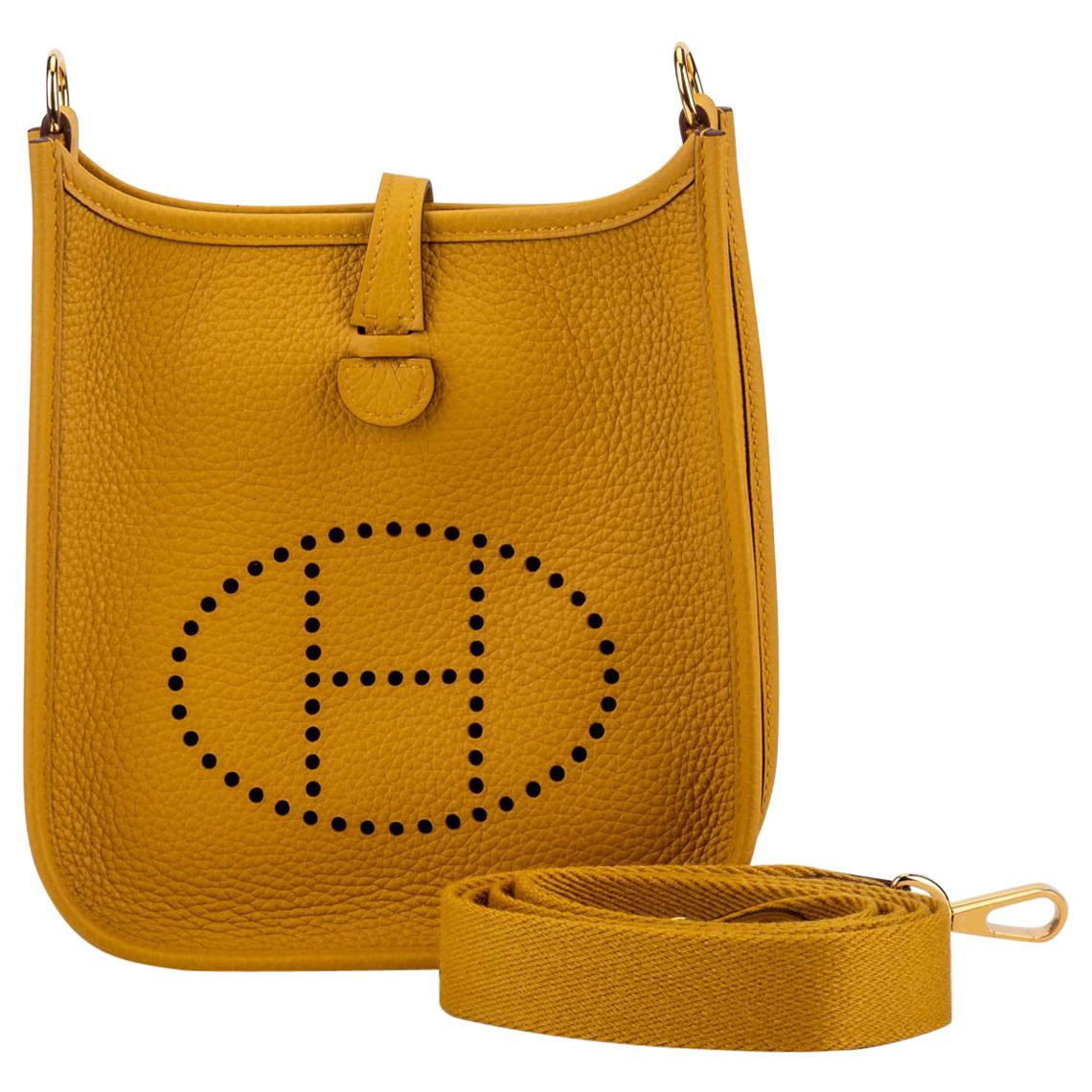 New in Box Hermes Mini Evelyne Jaune Ambre & Gold Crossbody Bag