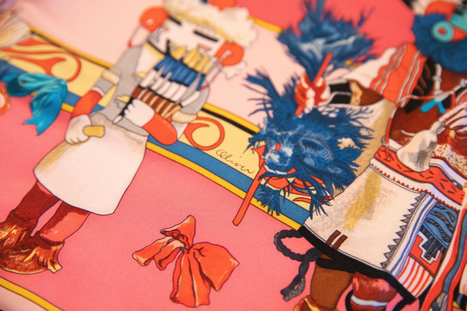 New in Box Hermès Pink Silk Twill Kachinas Scarf, Kermit Oliver In New Condition In West Hollywood, CA