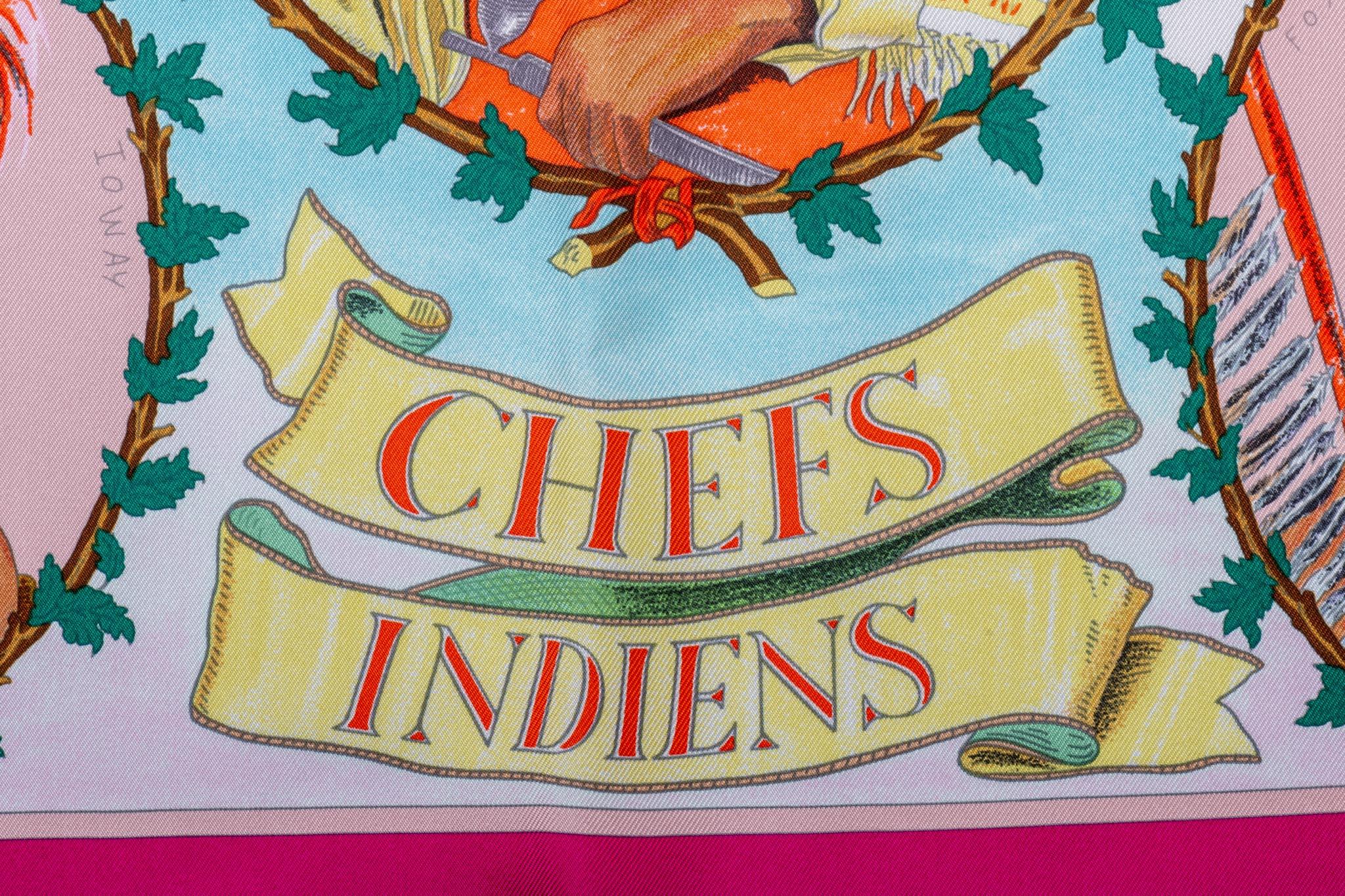 Beige New in Box Hermès Rare Fuchsia Chefs Indiens Scarf