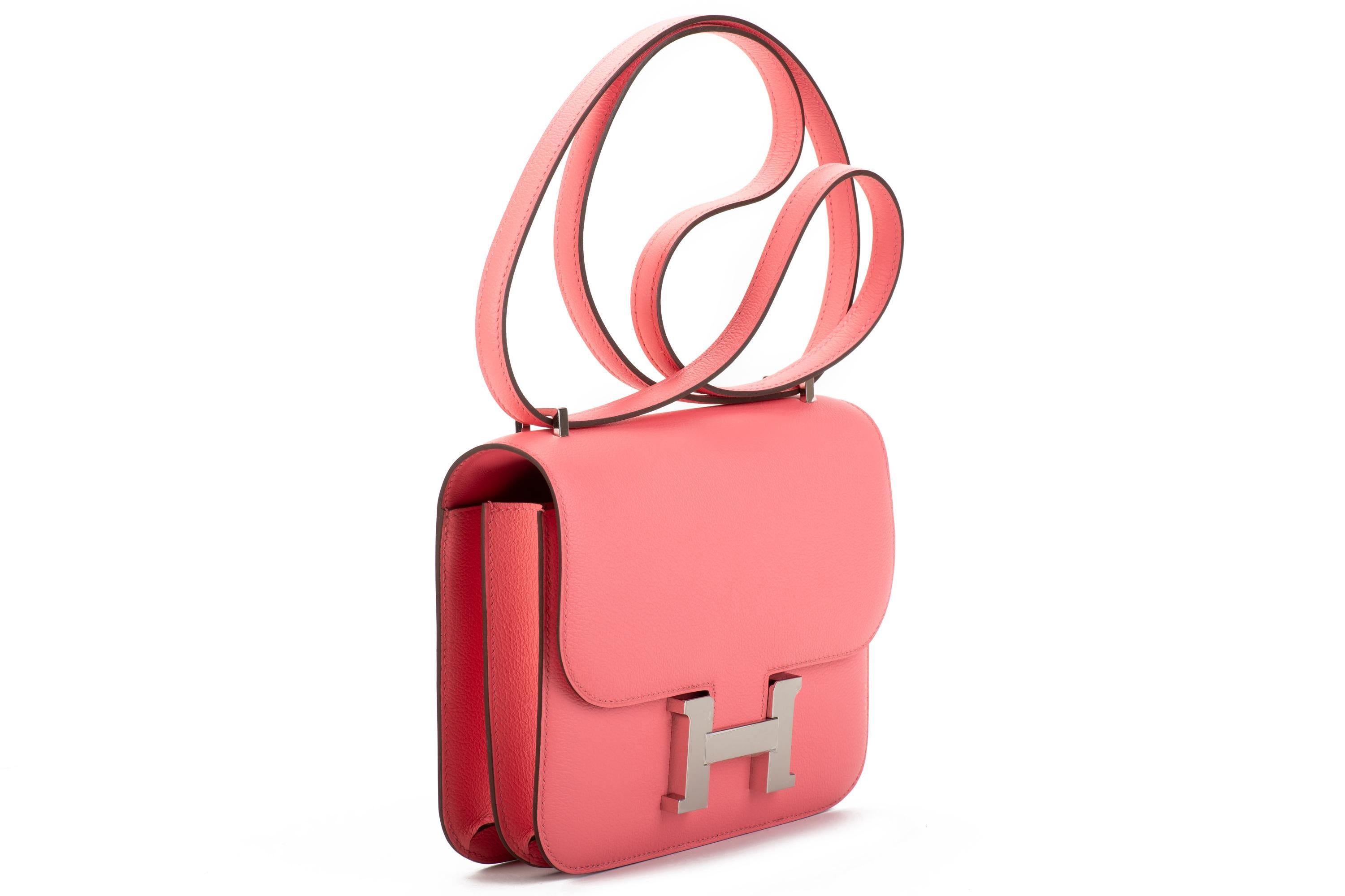 Hermes mini constance cross body 18cm in rose ete' evercolor leather and palladium hardware. Date stamp Y for 2020. Brand new in box with dust cover, booklet, box, ribbon and shopping bag.