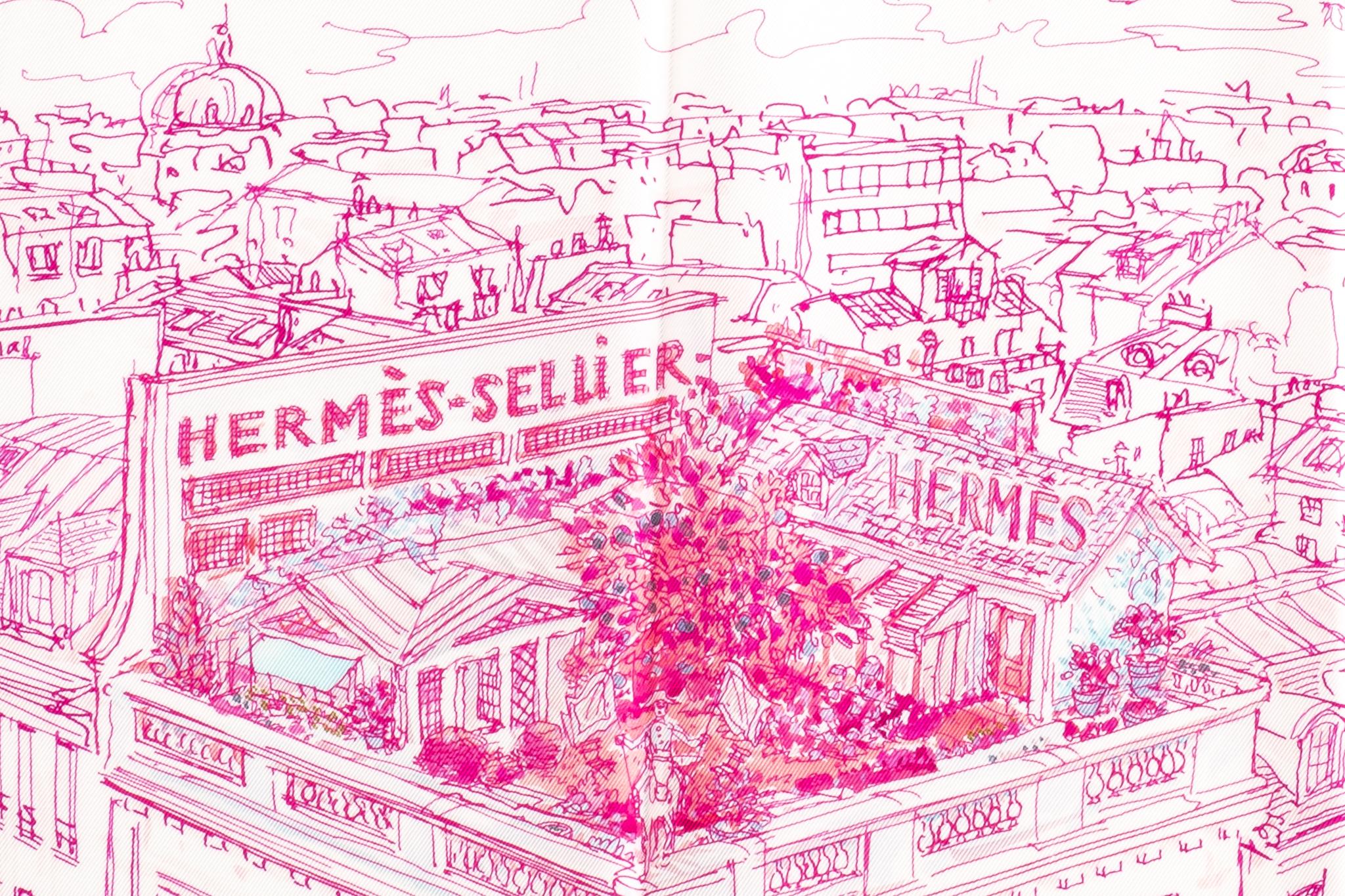 Neu in Box Hermès Seide Gavroche Fuchsia „Le Jardin“ Schal im Zustand „Neu“ in West Hollywood, CA