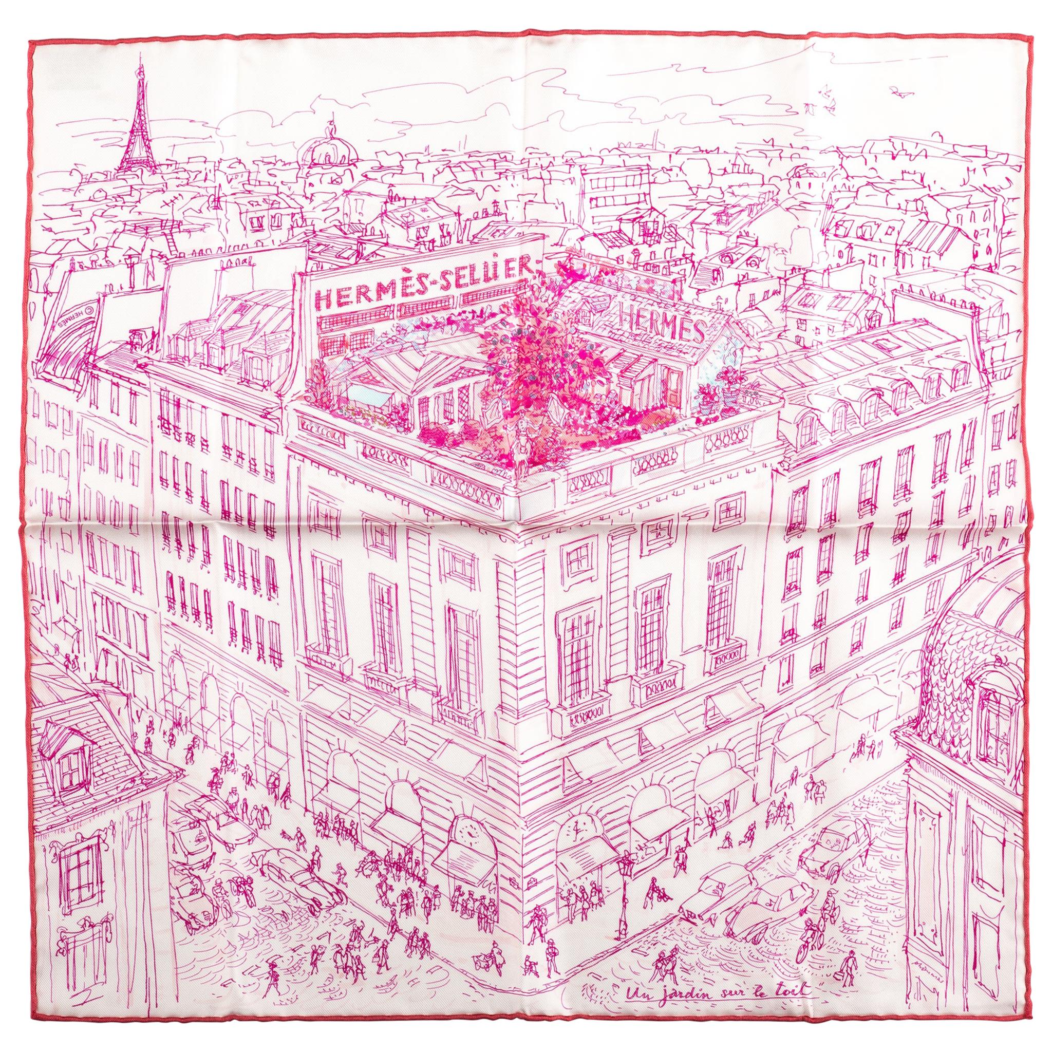 New in Box Hermes Silk Gavroche Fuchsia "le jardin" Scarf