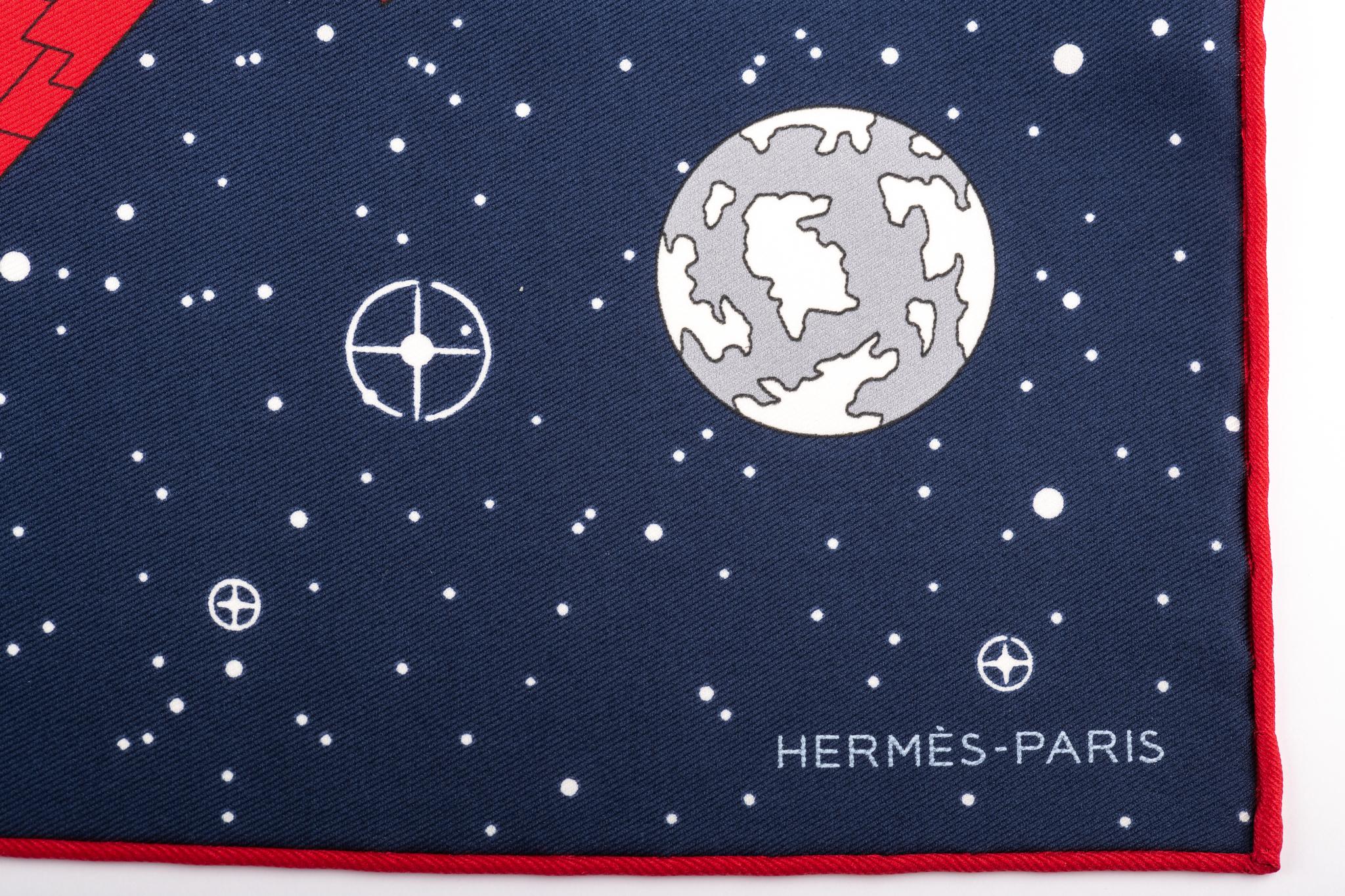 Hermès blue, grey and red silk gavroche with hand-rolled edges. Spaceship limited edition. New in box.