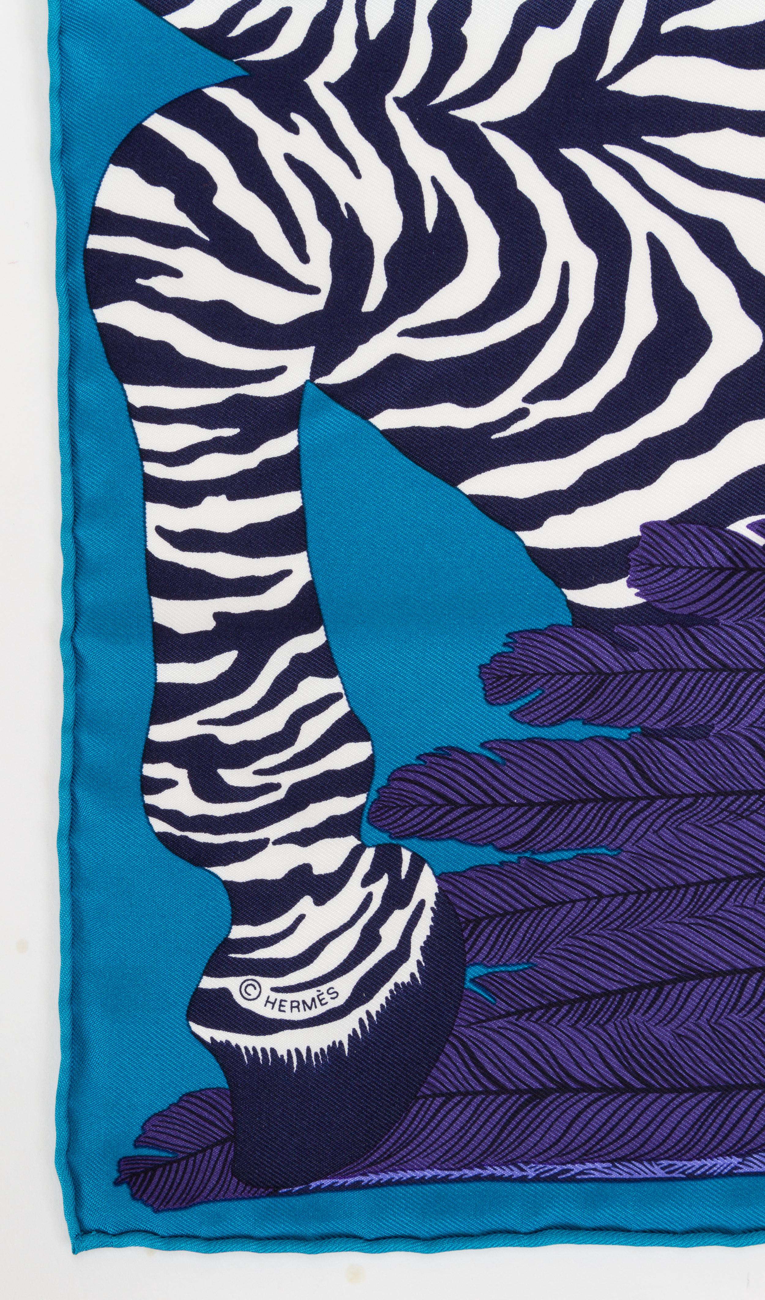 Women's or Men's New in Box Hermès Teal & Blue Silk Pouchette Zebra Scarf For Sale