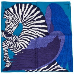 New in Box Hermès Teal & Blue Silk Pouchette Zebra Scarf